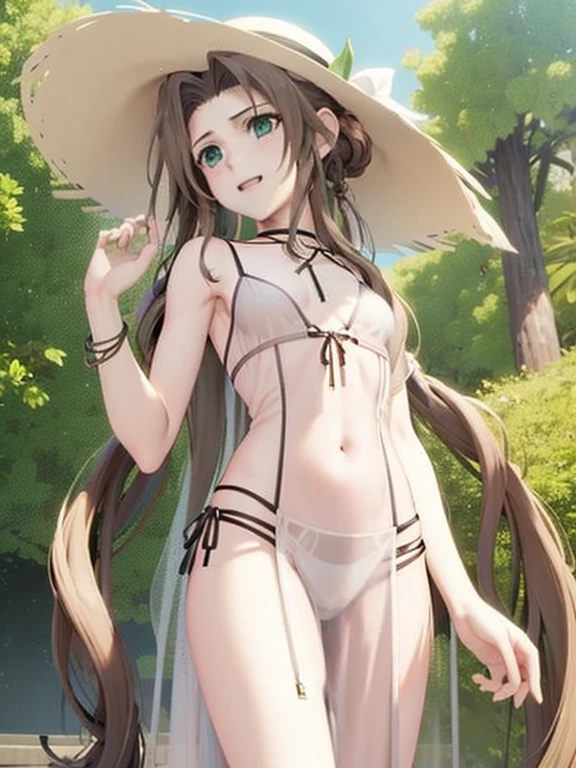 Aerith Gainsborough，Final Fantasy VII，(Artwork)，A young ，Very short stature，Flat Chest，Thin thighs，Small Ass，Brown Hair，Exposed breasts，Green Eyes，lingerie，View your viewers,Robe,See-through clothing,Focus Only,Sun hat,white Robe，