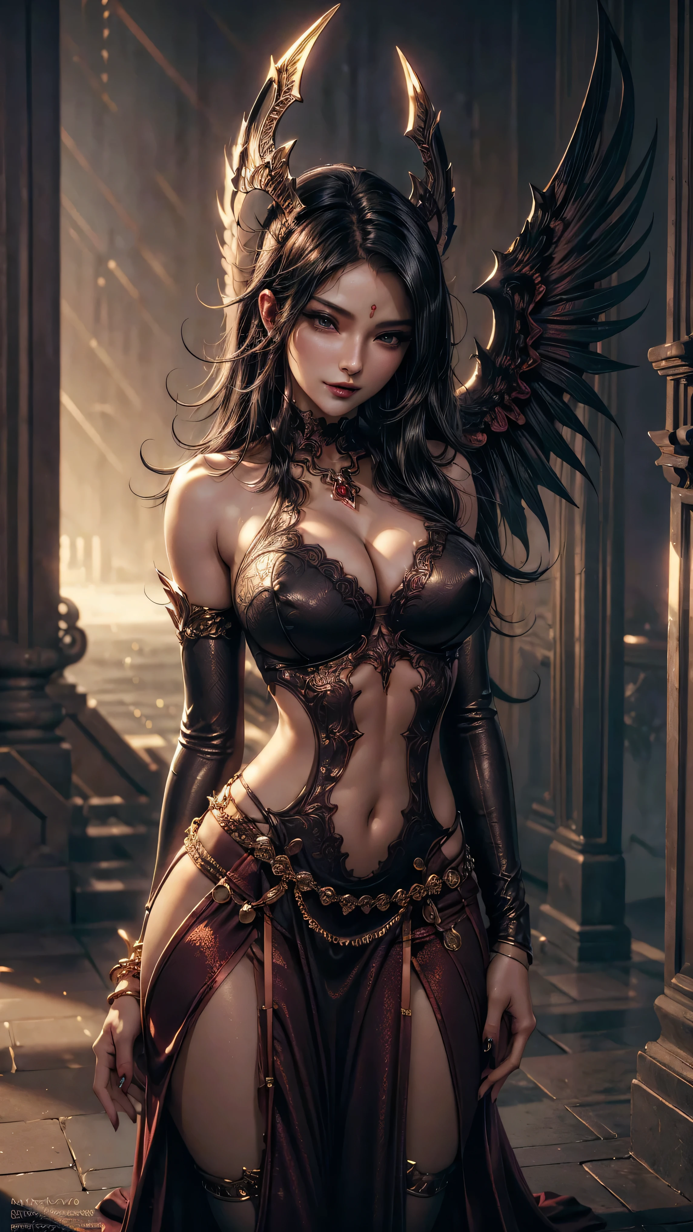 NSFW，Masterpiece, RAW photo，photorealism，high resolution，best quality，high definition, perfect composition, perfect face, perfect body, 32K,Cinematic lighting，seductive succubus，fully body photo，length hair，Trimmed curly hair，Wear only a red and black bra, (Show off your vagina)，Open legs, Spiteful smile，Underground Summoning Fields，Dark Summoning Fields，Gold statue，Luxurious ornaments，