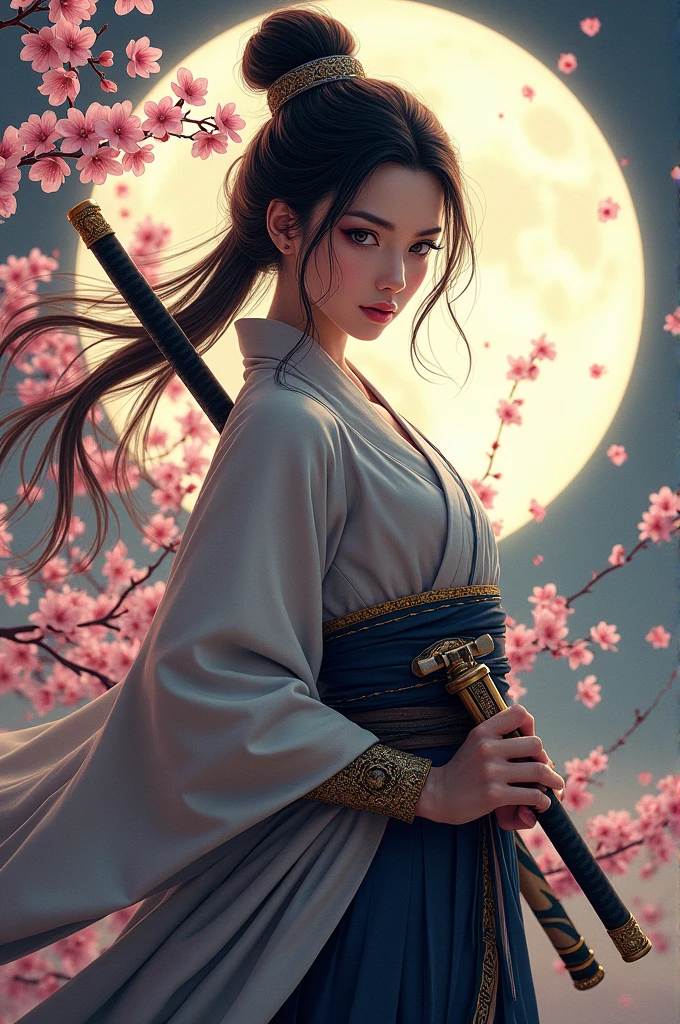 (Realistic:1.5, 8k, Highest quality, masterpiece, Ultra-high resolution), sengoku, god秘的:1.3, Highly detailed skin and facial textures:1.3, Beautiful female samurai with a Japanese sword:1.1, Very large breasts、Sexy beauty,Muscular、 Perfect Style, god, Fair skin, Very beautiful face, whole body、(Center of chest, Chest gap), (A shy smile, Her expression when she felt intense caresses, Facial expressions when feeling happy), (let me'Wearing a sexy Sengoku uniform:1.1, Off the shoulder), (Beautiful Blue Eyes, Beautiful erotic eyes:0.8), (Too erotic:0.9, attractive:0.9), whole bodyショット, 背景にある日本のgod社、Cherry Blossoms at Night