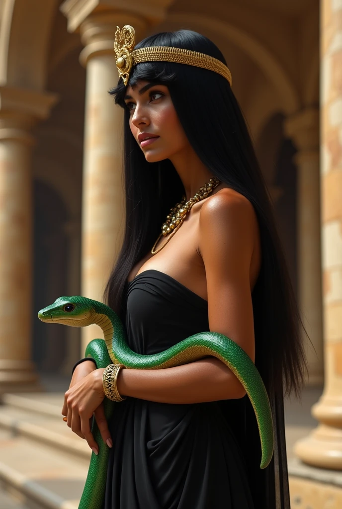 Femme égyptienne , avec une grosse poitrine, une peau de serpent, de l'Égypte antique, dans un temple égyptien, porte une robe rouge et couleur sable, épousant le corps, a de long cheveux raide noirs orné de nombreux bijoux,  la femme est enceinte de serpent, sa poitrine gonflé de lait, des crochets de serpent, visible lorsqu'elle sourit, a des yeux doré a pupilles reptilienne, porte un cobra noir 