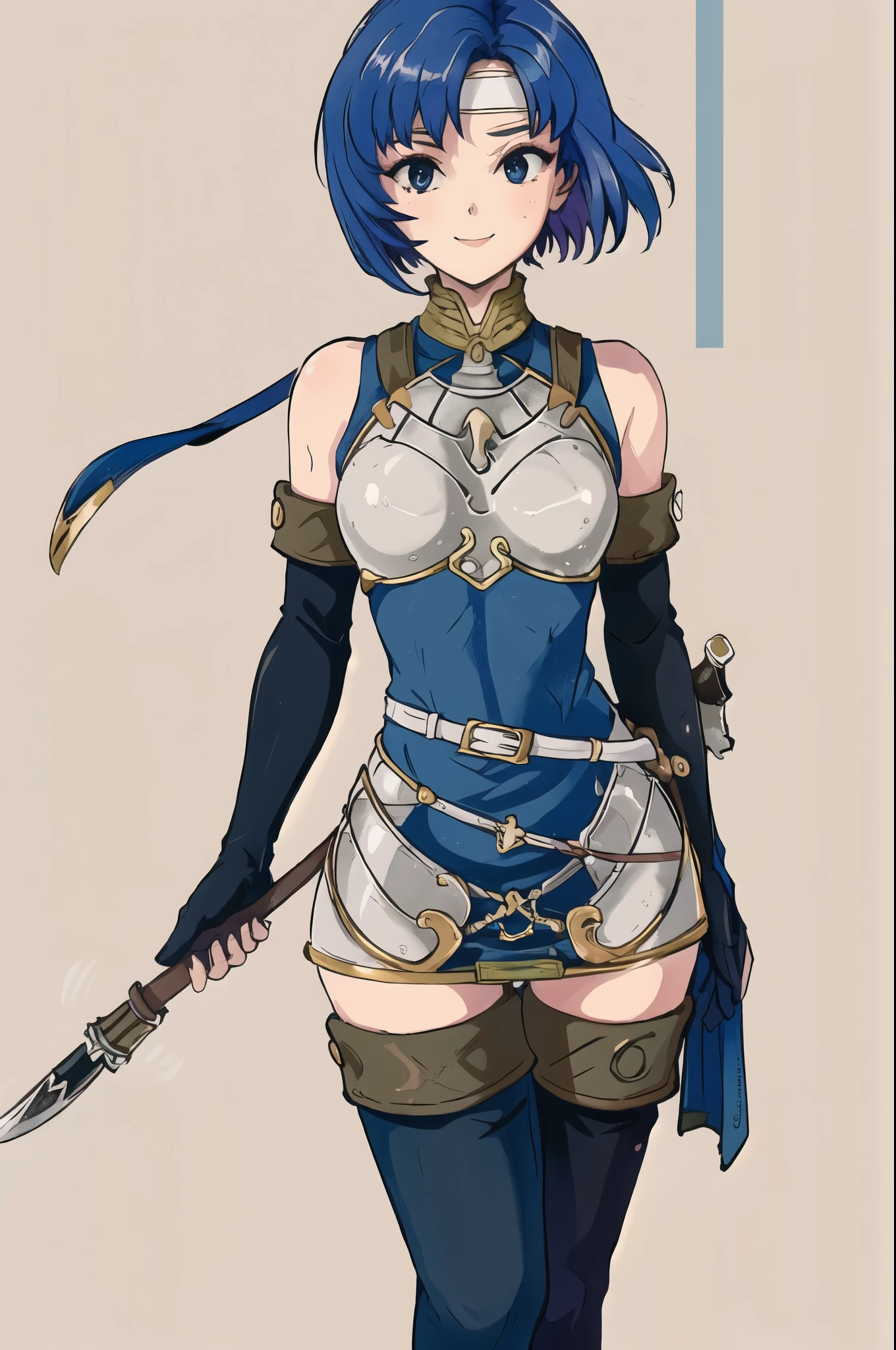 catria_echoes, 1girl, solo, armor, bare_shoulders, blue_dress, blue_hair, blue_thighhighs, boots, breastplate, cowboy_shot, elbow_gloves, , headband, leggings, scabbard, sheath, short_dress, sleeveless_dress, smile, standing, thigh_boots, thighhighs, upper_body, zettai_ryouiki