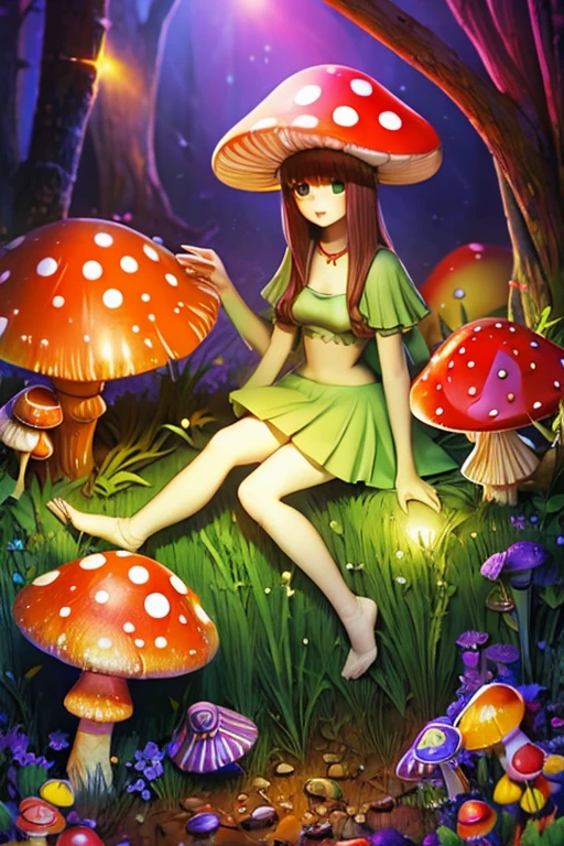 A bunch of frogs transform into lovely women (moss breast drapes and skirt, frog hands, light green skin with mottling, over large eyes) during a heavy rain, dancing around glowing mushrooms in a deep dark forest
