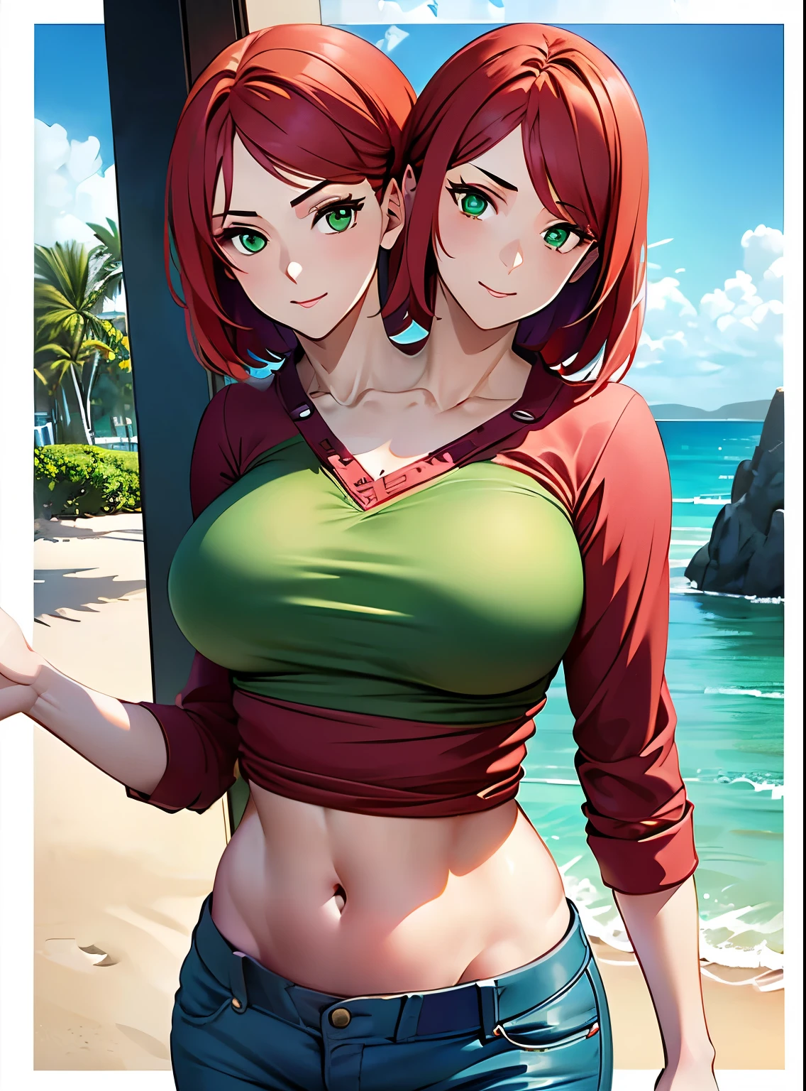 ((best quality), (high quality), (detailed), (masterpiece), good artist, ((2heads:1.5)), 1girl, (red hair), (violet hair), ((two headed woman with beautiful detailed eyes)), (detailed hairstyles), green eyes ((red shirt)), demin blue pants, strong and confident expressions, (exposed midriff), sexy body and face, perfect body, beautiful symmetric body, sexy girl, beautiful body and face, sexy hot body, very sexy pose, beach city background 