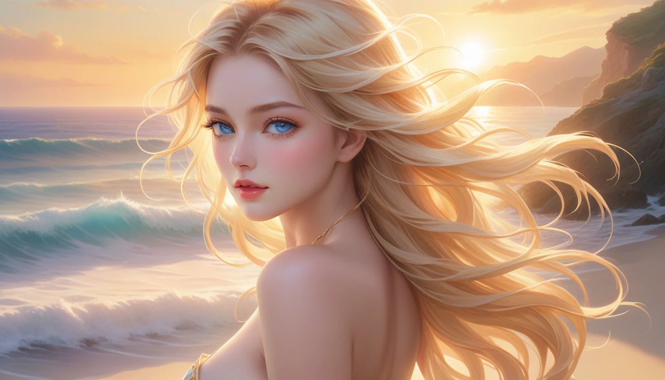 A Masterpiece In 32K Resolution, Supreme Quality, Super Detail, Official Art, Very High-Resolution 32K Wallpaper, Majestic And Aesthetic, Ultra-Detailed Features, Awe-Inspiring Detail. A Wind-Swept Beach With (Glowing Sands), (Crashing Waves), And Skin With A Golden, Sun-Kissed Glow (Highlight Her Ample Breasts). A Girl With A Mildly Pensive Expression, Flowing Sunset Blonde Hair, Glistening In The Wind, And Bright Ocean Blue Eyes, Reflecting The Surrounding Sea. Her Features Are Radiant And Breathtakingly Delicate, Bathed In (Soft Golden Sunset). (Exquisitely Detailed Beauty), With Expressions Full Of Thought And Wonder, Set Against A Majestic Coastal Scene. The Water Glistens With Fine Detail, Echoing The Beautiful Symmetry Of Her (Stunning Face). This Original Artwork Features Ultra-Precise Craftsmanship, Bringing Out Every Detail Of Her Enchanting Form And Elegant Aura.