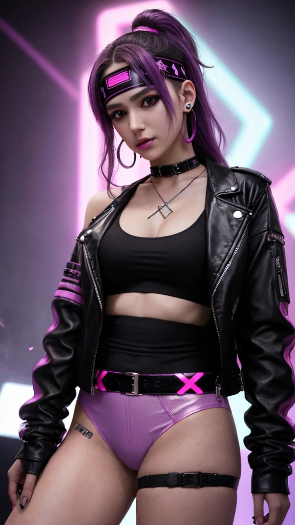 Cool punk idol girl、whole body、Good style、、、、、、、、、、Thick legs、、、Dark purple and fluorescent red punk costume(punk jacket)、Cool girl face、、Long Black Hair、、Glowing garbage dump、Skull belt