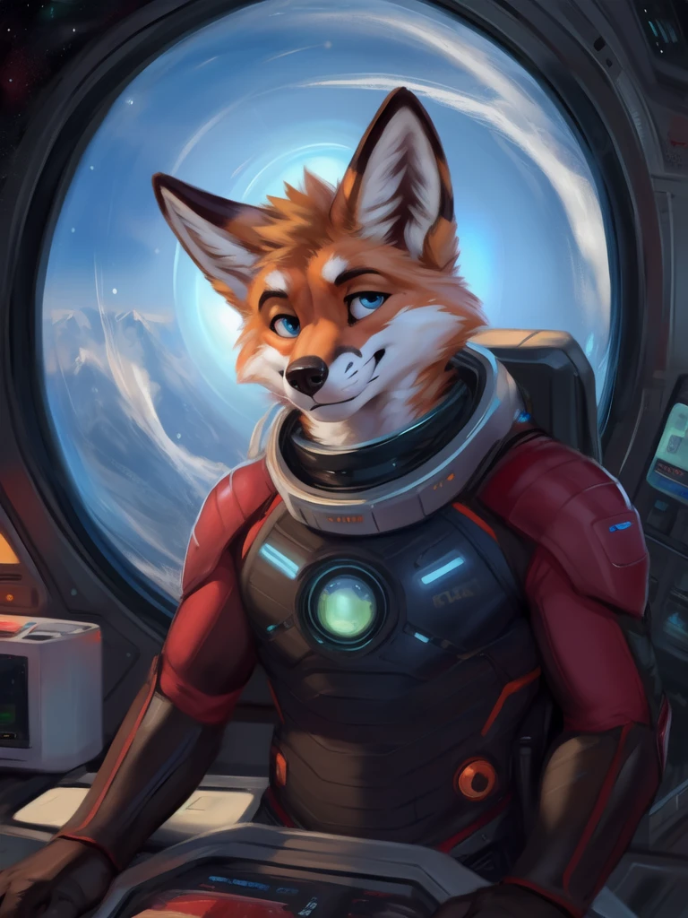 Realistic, scientifically accurate, black hold, doppler shift, event horizon, accretion disk, detailed, anthro, fox, looking out of window, scifi, by zackary911, by chunie, in space, outer space