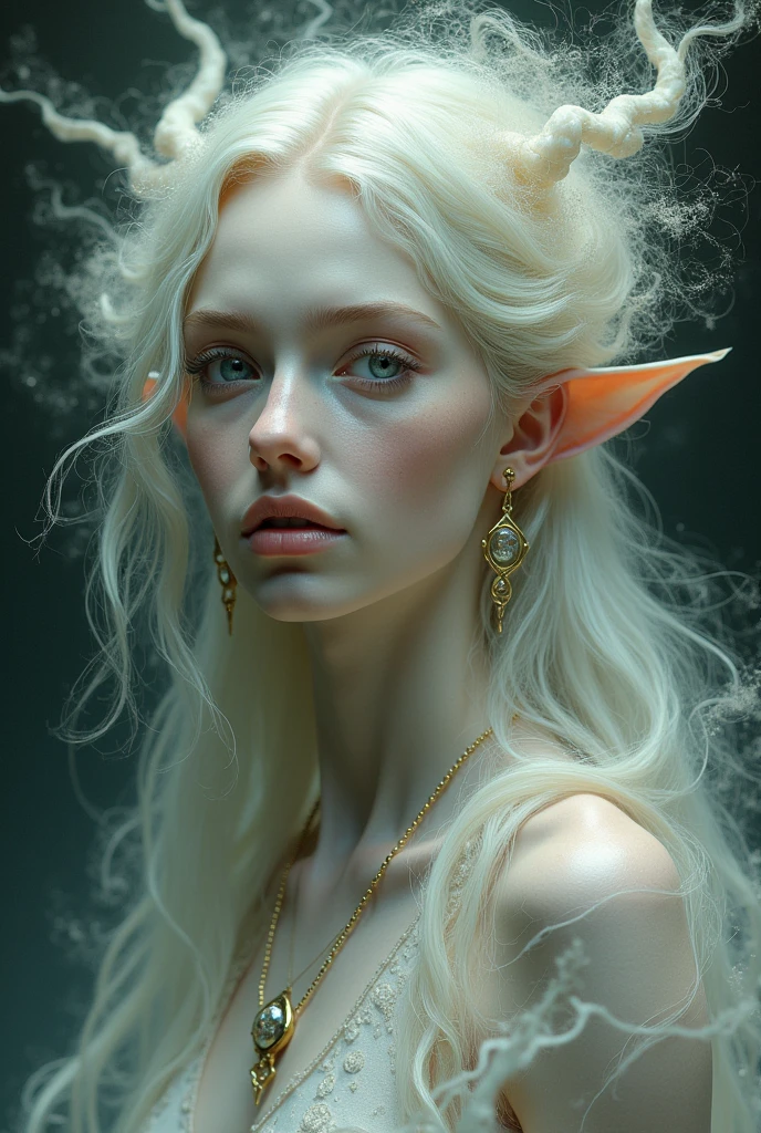 Albino Elf, eye white, white lips, adult, medieval style HD 4K