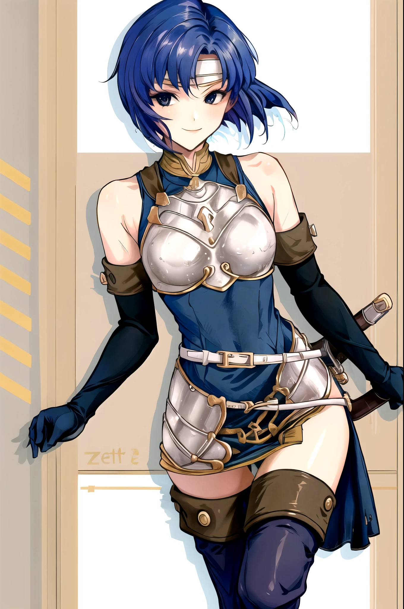 catria_echoes, 1girl, solo, armor, bare_shoulders, blue_dress, blue_hair, blue_thighhighs, boots, breastplate, cowboy_shot, elbow_gloves, , headband, leggings, scabbard, sheath, short_dress, sleeveless_dress, smile, standing, thigh_boots, thighhighs, upper_body, zettai_ryouiki