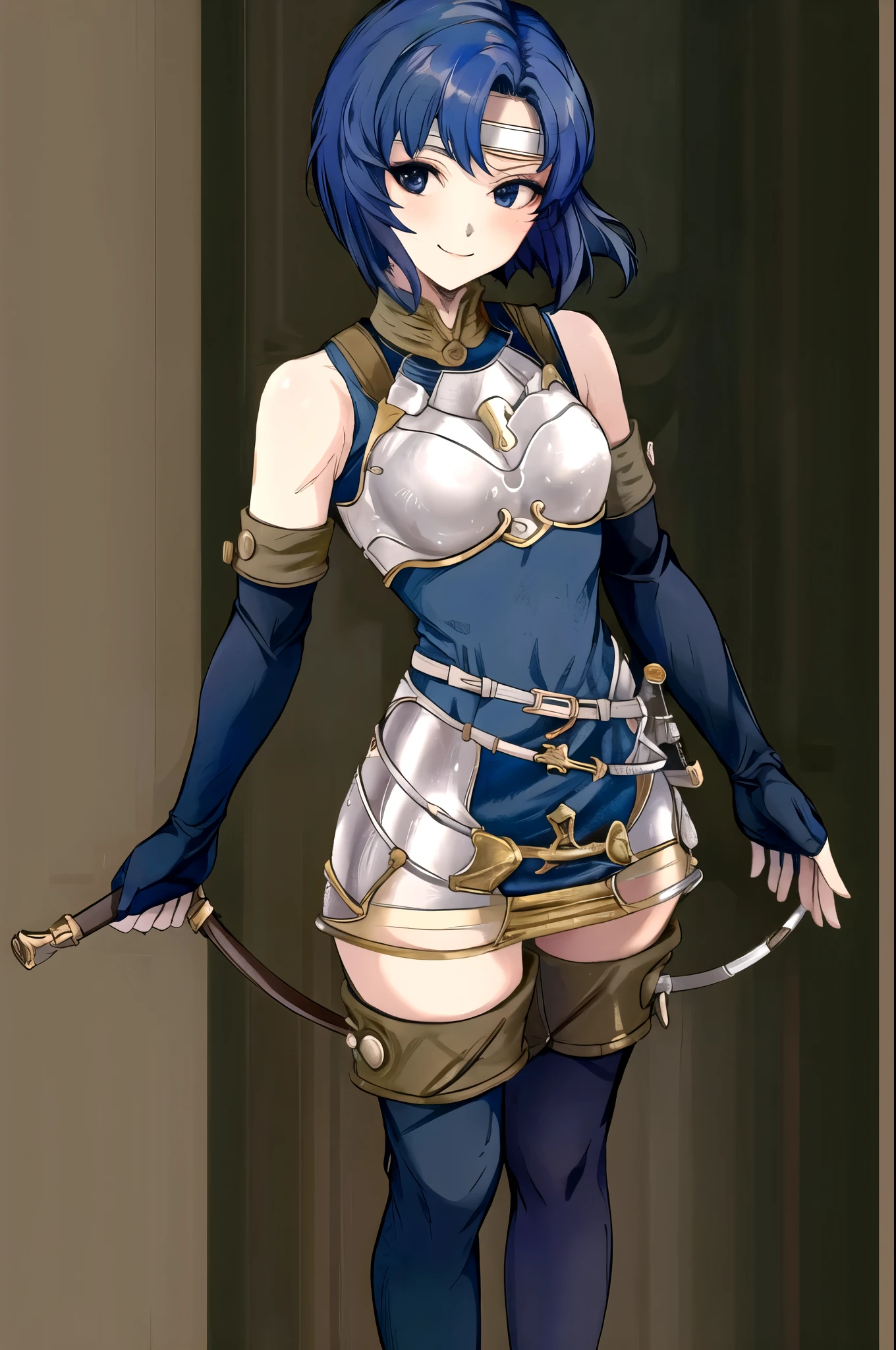 catria_echoes, 1girl, solo, armor, bare_shoulders, blue_dress, blue_hair, blue_thighhighs, boots, breastplate, cowboy_shot, elbow_gloves, , headband, leggings, scabbard, sheath, short_dress, sleeveless_dress, smile, standing, thigh_boots, thighhighs, upper_body, zettai_ryouiki