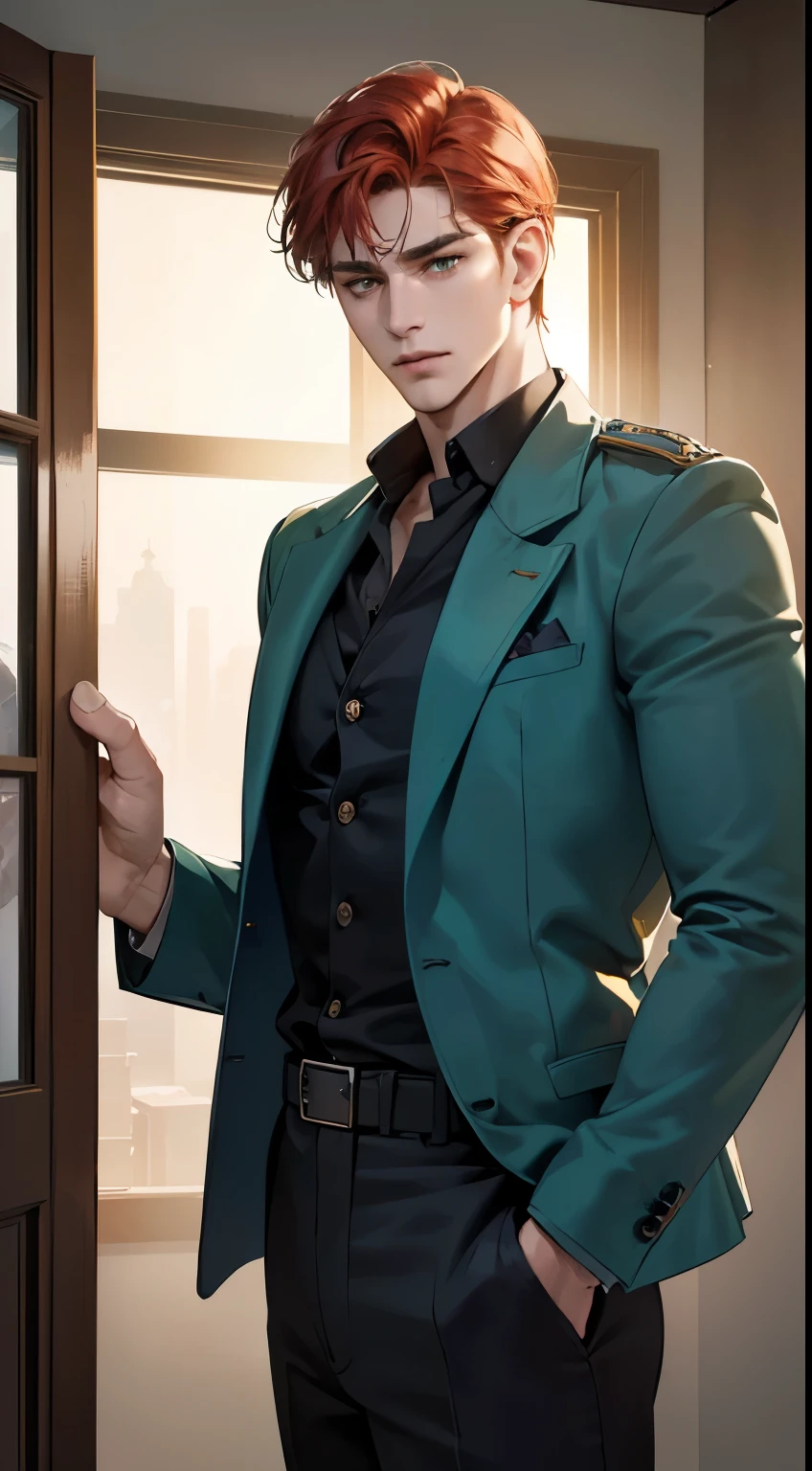 (best quality, masterpiece, 8K, photorealistic, cinematic lighting, 1:4 hdr image, ultra detailed, beautiful image), a mature man, 34 years very handsome, ((cold expression)), short green hair, blue eyes, face perfect without mistakes, ((buttoning his jacket, CEO))