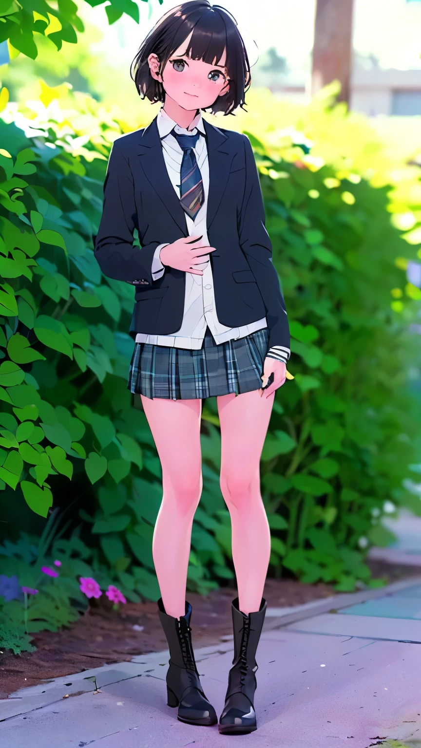 (8k、RAW Photos、Best Quality、masterpiece:1.2)、(Realistic、Realistic)、1 person、((blazer、Schoolgirl uniform、shirt、tie、チェックmini skirt、Medium Hair、mini skirt、Thin legs、boots、View from the front、Looking into the camera、garden、Stand with hands on hips))、cute