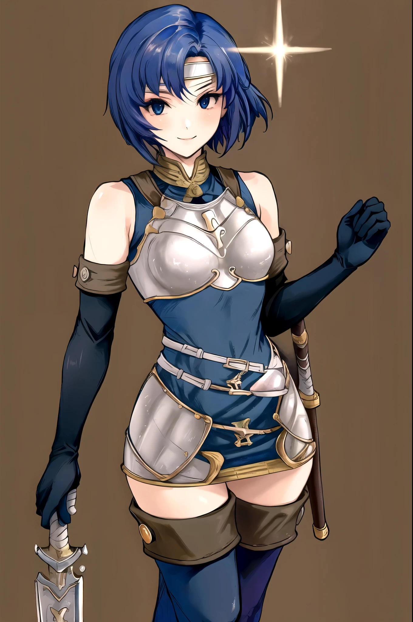 catria_echoes, 1girl, solo, armor, bare_shoulders, blue_dress, blue_hair, blue_thighhighs, boots, breastplate, cowboy_shot, elbow_gloves, , headband, leggings, scabbard, sheath, short_dress, sleeveless_dress, smile, standing, thigh_boots, thighhighs, upper_body, zettai_ryouiki