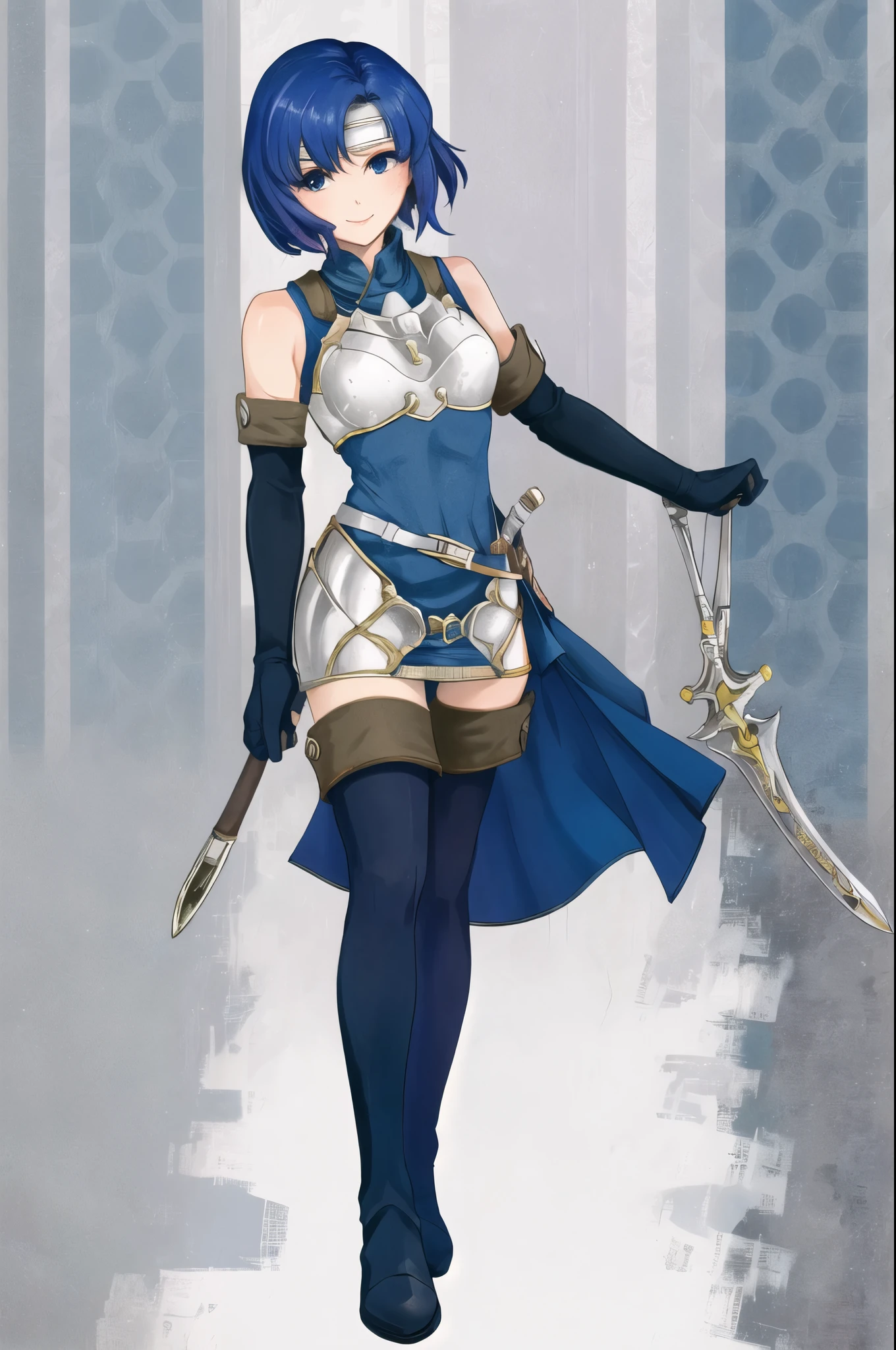 catria_echoes, 1girl, solo, armor, bare_shoulders, blue_dress, blue_hair, blue_thighhighs, boots, breastplate, cowboy_shot, elbow_gloves, , headband, leggings, scabbard, sheath, short_dress, sleeveless_dress, smile, standing, thigh_boots, thighhighs, upper_body, zettai_ryouiki