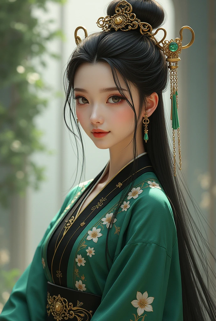 Masterpiece, best picture quality, high quality, beautiful woman, Japanese, popular Korean makeup, detailed, swollen eyes, detailed eyes, detailed skin, beautiful skin, ultra high resolution, (reality: 1.4),very beautiful, slightly younger face, beautiful skin, slender, (ultra realistic), (illustration), (high resolution), (8K), (very detailed) (best illustration), (beautifully detailed eyes), (super detailed), (wallpaper), (detailed face), looking at viewer, fine details, detailed face, pureerosfaceace_v1, smiling, always looking straight ahead, angle from waist up, realistic photo, bright lighting, professional lighting, black hair (some hair is primary color green), long hair green), long hair, dark ruins, gorgeous dress (ruffles, red, black,), mature woman, long stylish bangs,