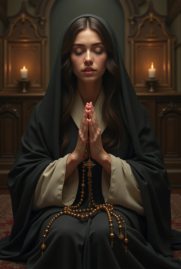 Beautiful and cute nun, she kneels and looks up at the ceiling with her hands folded in front of her chest, eyes closed and mouth wide open, Her mouth is full of translucent mucus, she has translucent mucus dripping from her mouth, She is filled with happiness, beautifully detailed face and body, large detailed breasts, precise crossed hands, beautifully detailed eyelids, beautifully detailed mouth, teeth and tongue, on the altar of the chapel, erotic, sensual, professional photography, dramatic lighting, warm colors, dramatic pose, sultry expression, flawless skin, strong shadows, highlights, volumetric lighting, hyper realistic, photorealistic, chiaroscuro, cinematic, from above, close-up, 8k, anatomically correct, textured skin, UHD, masterpiece, best quality, 8k, 16k