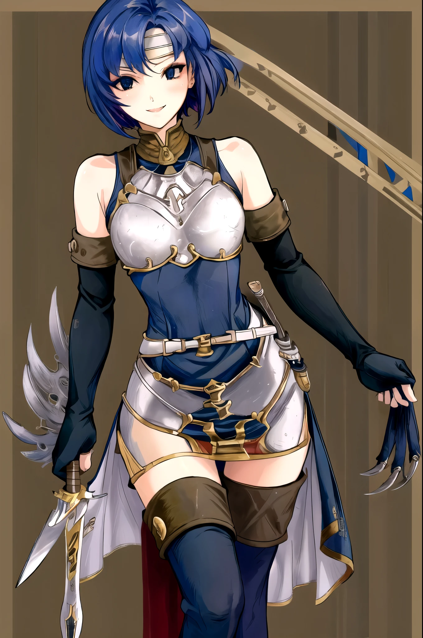 catria_echoes, 1girl, solo, armor, bare_shoulders, blue_dress, blue_hair, blue_thighhighs, boots, breastplate, cowboy_shot, elbow_gloves, , headband, leggings, scabbard, sheath, short_dress, sleeveless_dress, smile, standing, thigh_boots, thighhighs, upper_body, zettai_ryouiki, holding spear, spear, holding, holding weapon, holding polearm 