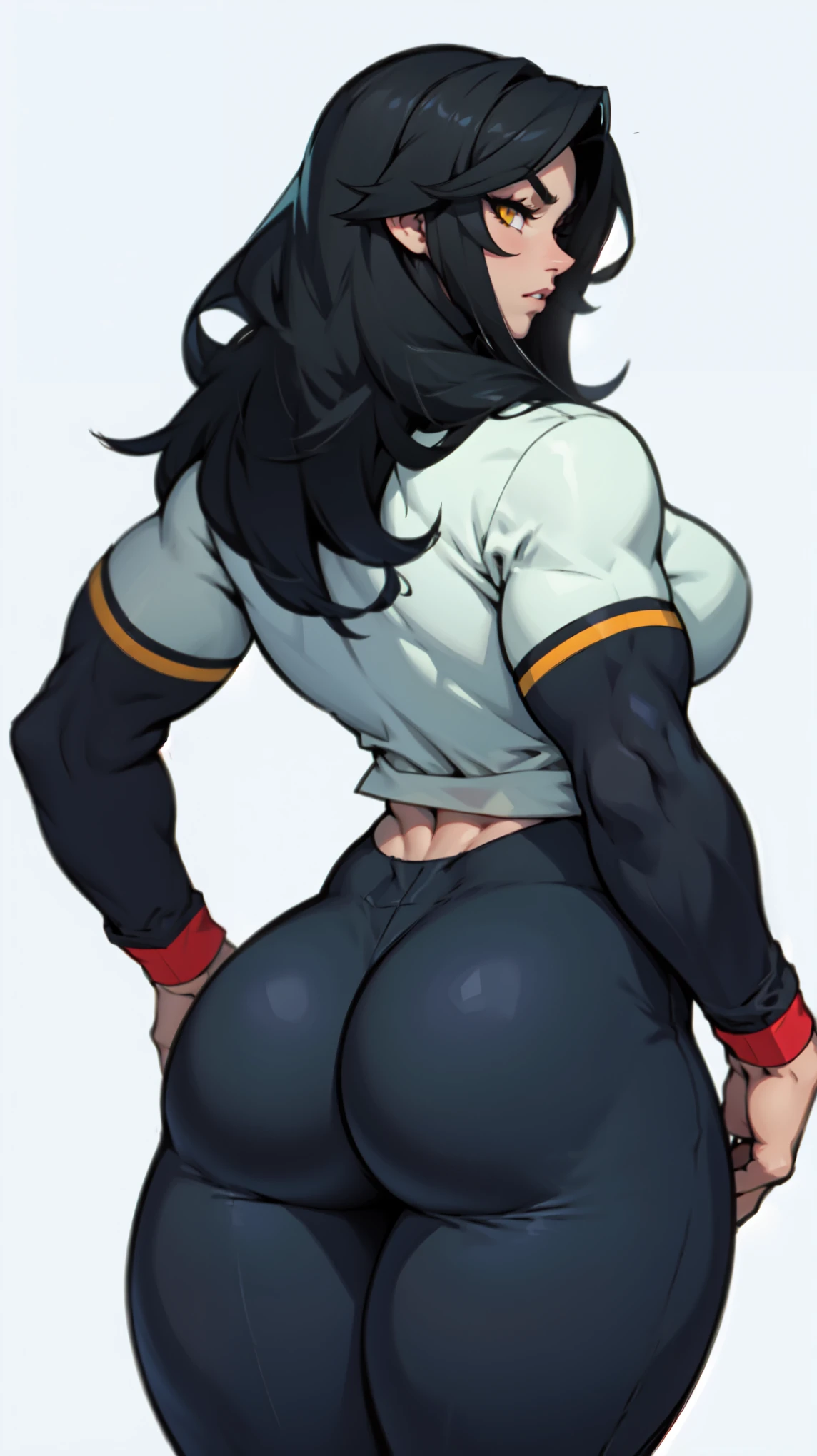 ((score_9, score_8_up, score_7_up, score_6_up), (adult, seductive face,), long straight black hair, hair over eye, from behind, bunnysuit, bending over, big ass, grabbing own ass, looking at viewer, red eyes, smile, toned female, Nyantcha Style, shadow, soft light, source_anime, rating_explicit,