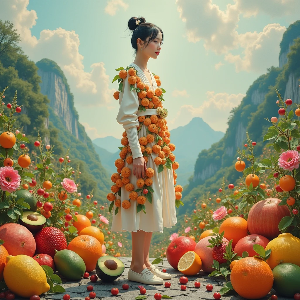 there is a statue of a woman surrounded by fruit and vegetables, digital art by David LaChapelle, tumblr, psychedelic art, david la chapelle, raqib shaw, made of flowers and fruit, grim vibrance orientalism, made of fruit and flowers, james jean and fenghua zhong, intricate colorful masterpiece, highly detailed sculpture, colorful intricate masterpiece