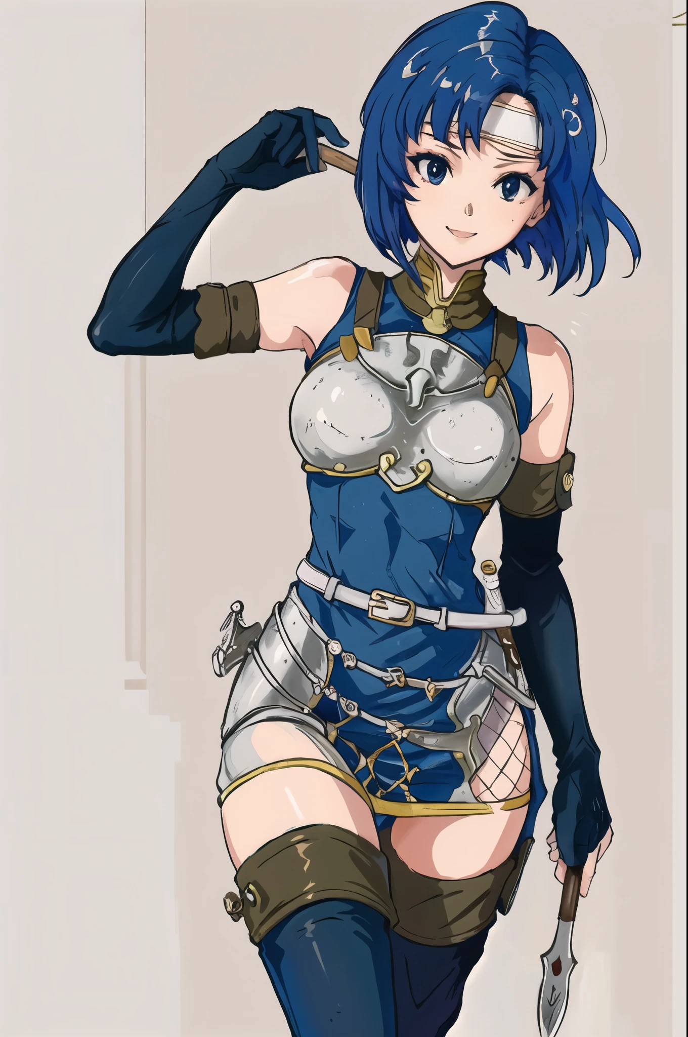 catria_echoes, 1girl, solo, armor, bare_shoulders, blue_dress, blue_hair, blue_thighhighs, boots, breastplate, cowboy_shot, elbow_gloves, , headband, leggings, scabbard, sheath, short_dress, sleeveless_dress, smile, standing, thigh_boots, thighhighs, upper_body, zettai_ryouiki, holding spear, spear, holding, holding weapon, holding polearm 