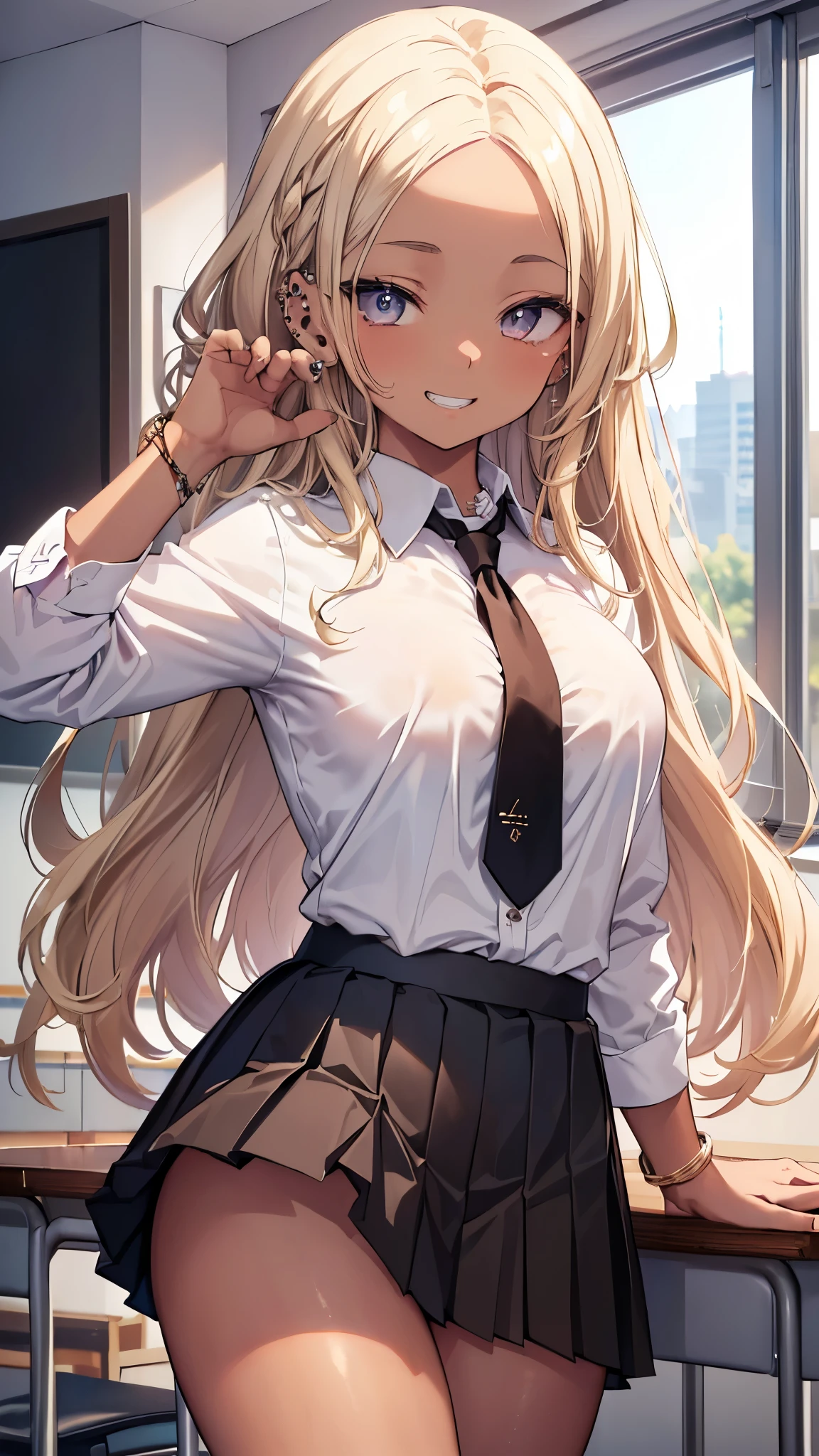 ((masterpiece、Best Quality、Very detailed))、One girl、((Brown skin:1.3))、improve、Blonde、((forehead))、Long Hair、Wavy Hair、Grey Eyes、((lots of piercing))、evil smile、((Grin))、Large Breasts、((White collared shirt))、((Black pleated skirt))、((micro miniskirt))、Cowboy Shot、Classroom Background