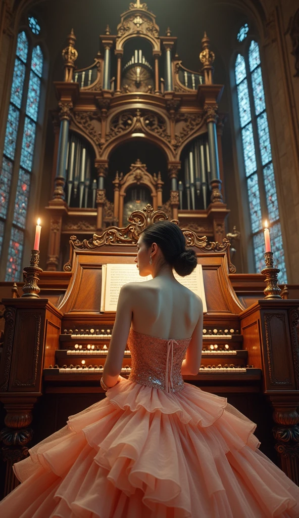 A white girl with long hair that reached below her knees, Pink Midi Dress, playing the organ in the Christian congregation in Brazil