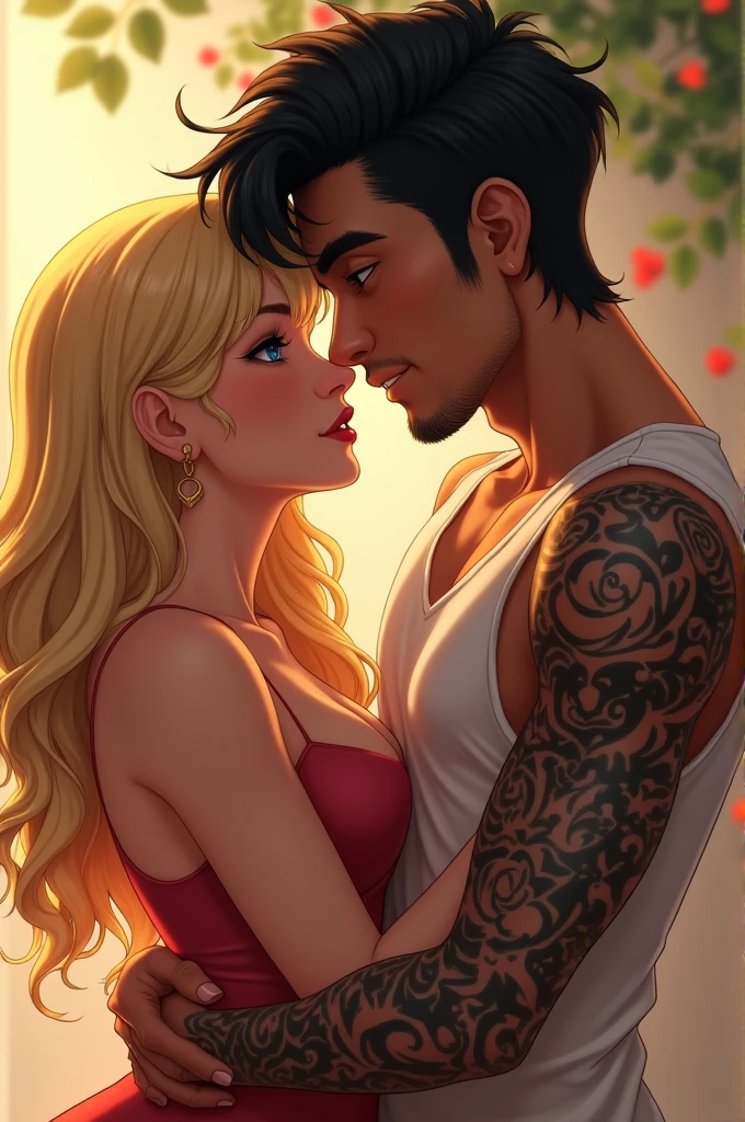 create image in disney pixar cartoon style of a horny couple without clothes on a bed making love she in the position of four, she blonde green eyes big ass big tits and body with hot curves, he has dark hair, green eyes, black beard, messy black hair, tattoo on his arm, in his underwear