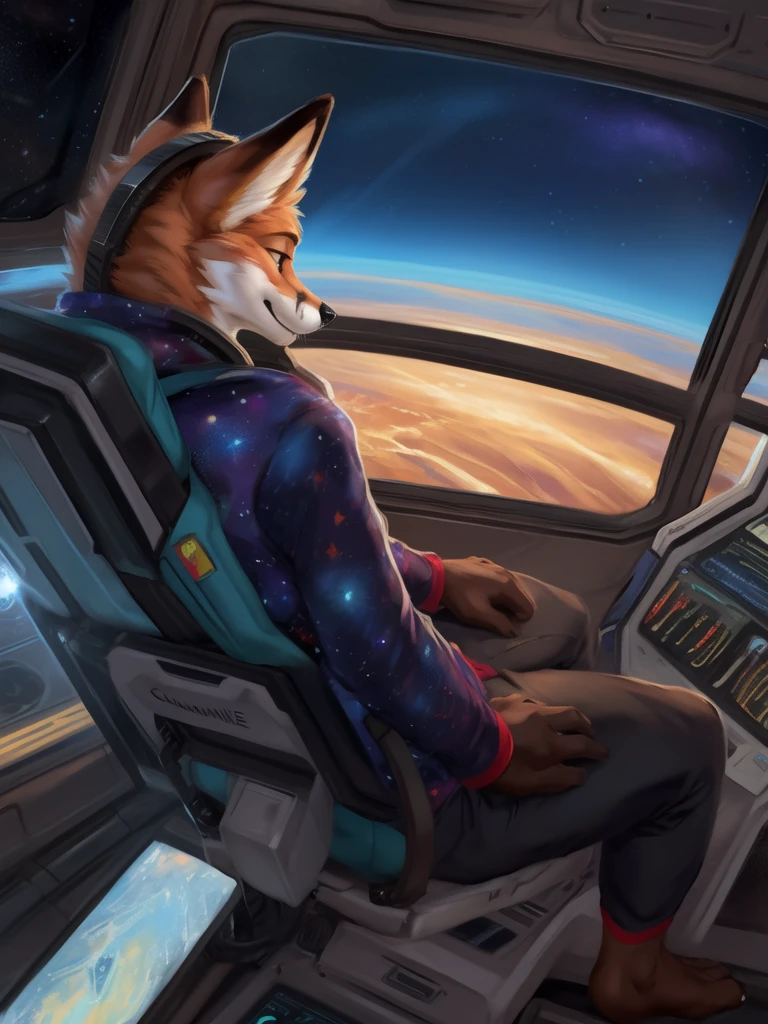 Realistic, scientifically accurate, black hold, doppler shift, event horizon, accretion disk, detailed, anthro, fox, looking out of window, scifi, by zackary911, by chunie, in space, outer space, back view