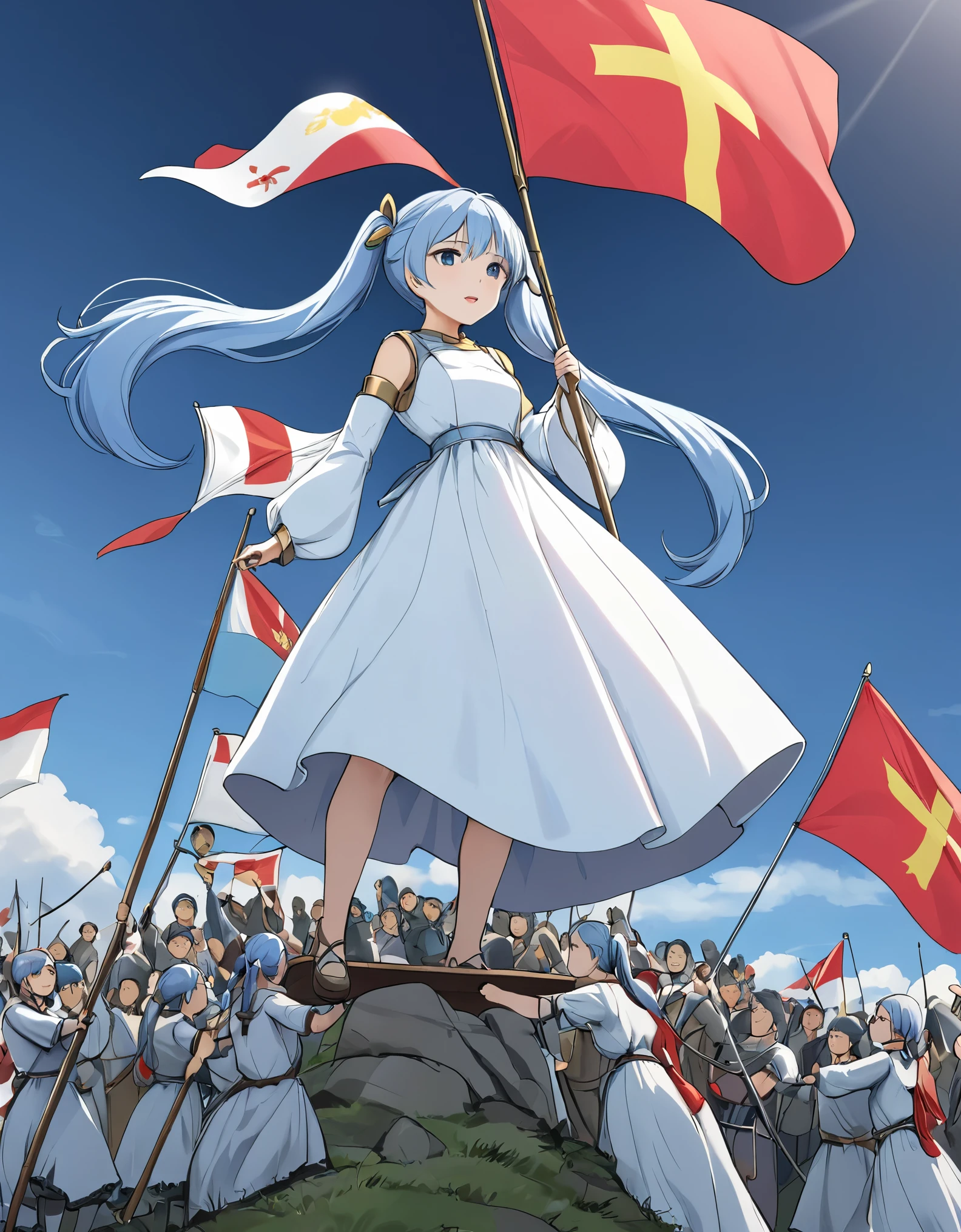 Light blue long hair、Beautiful girl with twin tails、White long dress、Joan of Arc、On a small hill、Raise the flag and lead the people forward、A lot of people are following、Moving forward