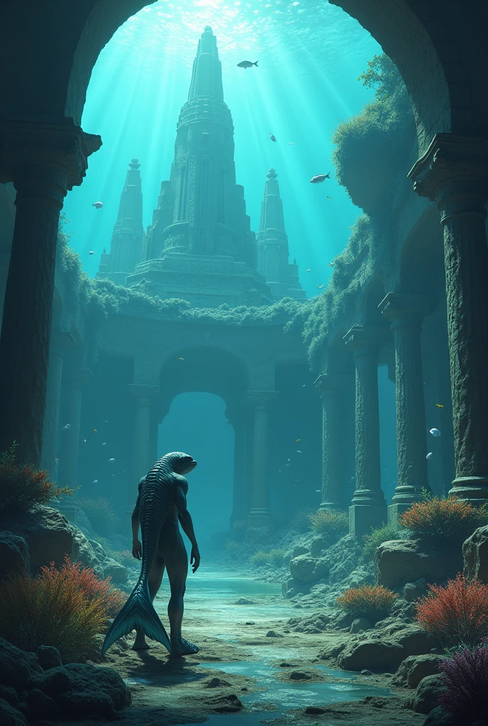 Jane Mansfield (Scuba diver, air tank, itty bitty bikini) is deep underwater, large kelp grows near a ancient sunken Buddha Statue, ruins nearby, lots of light distortion like rippling water