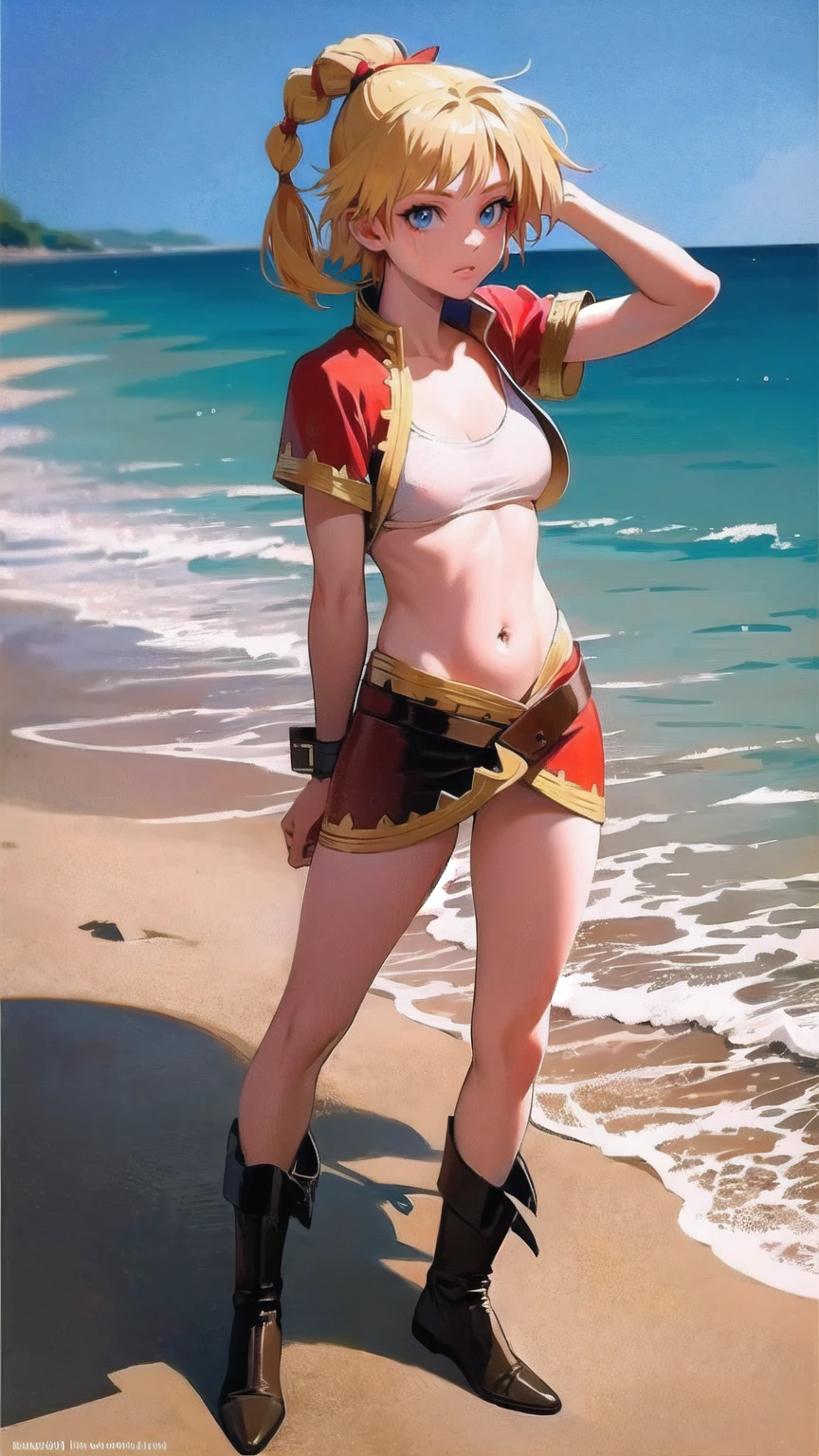 1 adult woman, character "Kid" from chrono cross, kid (chrono cross), ((mature face)), 20 years old, yellow hair in a high braided ponytail, (medium-small bust:1.4), standing on white sandy beach, in various fighting poses, fitted jacket 3/4 cropped (red), white top under jacket, tight fitting micro skirt (red), loose leather boots, ankle wraps, detailed face, detailed eyes, detailed lips, highly detailed hands, best hands, ((perfect hands)), 8k, ultra-detailed 90s era anime style, cinematic lighting, vivid colors, dramatic shadows, masterpiece, award winning art, wide angle, (full length portrait), micrsk3rt, bikini underboob, navel, no bra, bhands