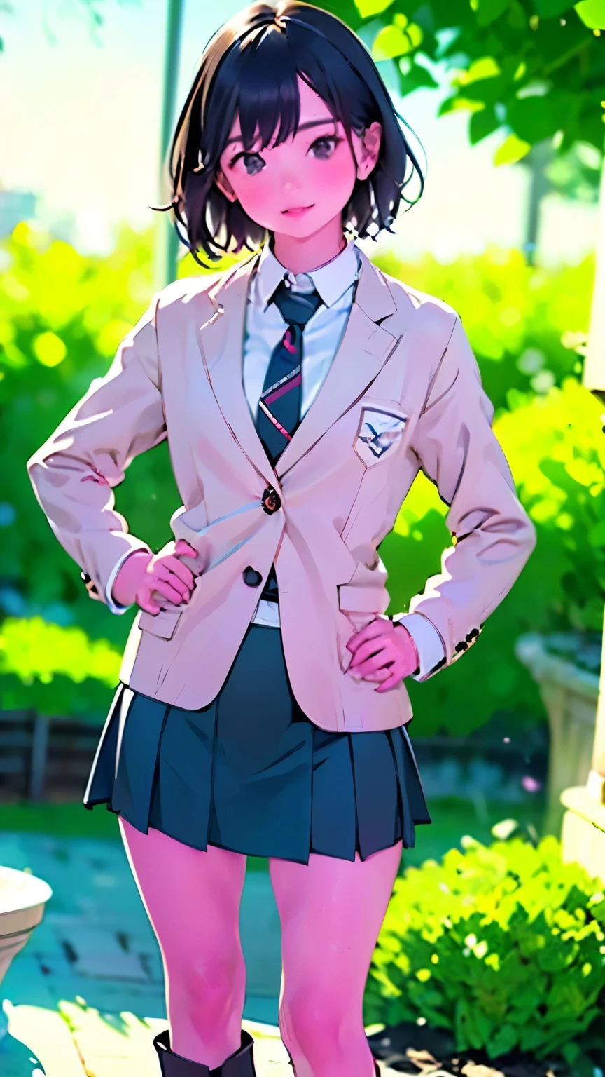 (8k、RAW Photos、Best Quality、masterpiece:1.2)、(Realistic、Realistic)、1 person、White skin、Highly detailed face and eyes、((blazer、Schoolgirl uniform、shirt、tie、チェックmini skirt、Medium Hair、mini skirt、Thin legs、boots、View from the front、Looking into the camera、garden、Stand with hands on hips))、cute、Perfect lighting、Blurred Background