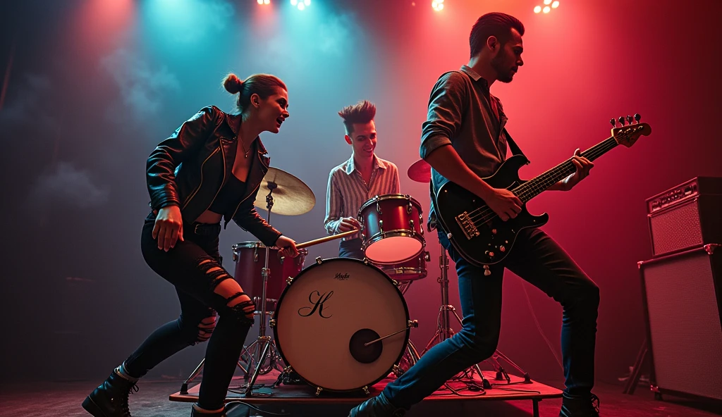 Two punk teenagers, an alien in a musical battle , and a woman with glasses all in a room