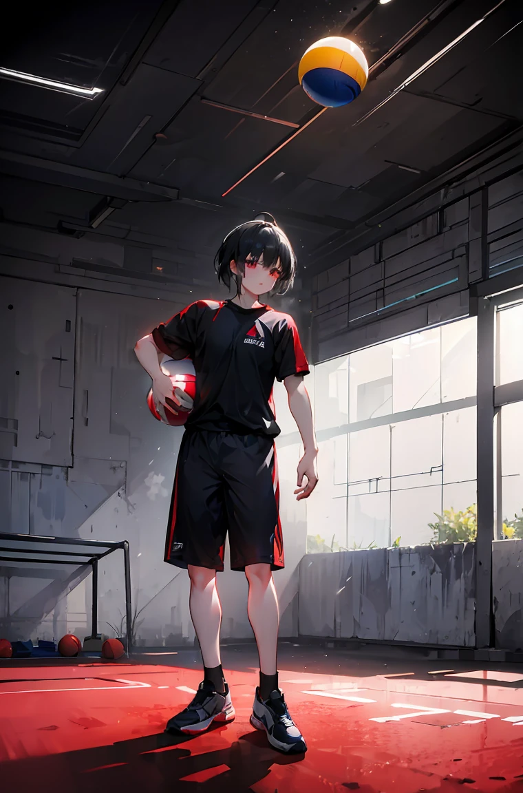 High resolution, (masterpiece:1.4), Very detailed, Sports,Dodgeball for everyone,Become incandescent,PV shooting,Carry the ball!,sunlight,whole,Gym clothes(Black theme),Real, dark