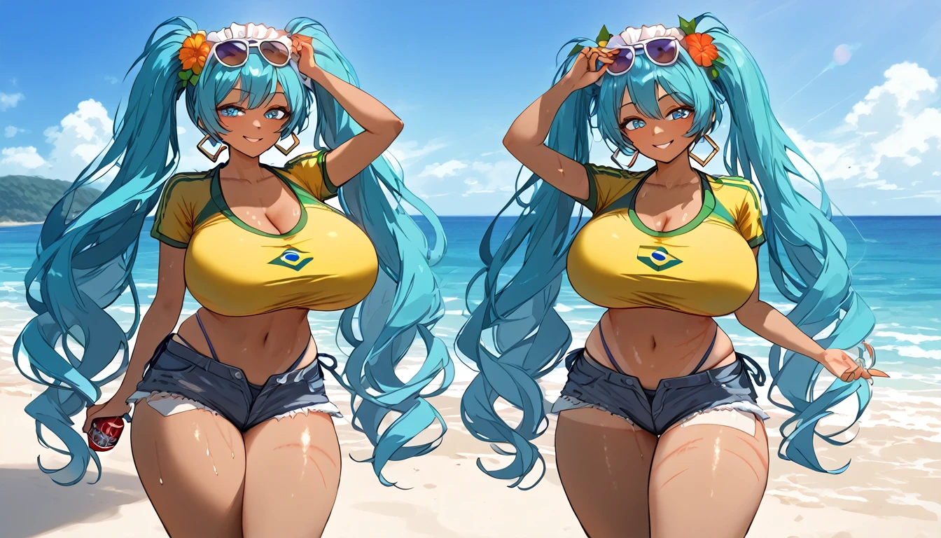 Brazilian Miku dark skin Brazilian sportswear blue super long twin tails Super huge big breasts breast enlargement Shorts, standing alone on the beach, sunglasses on head, floral headdress, soda in hand, sunburn marks on thighs, denim shorts full-body shot shy smile