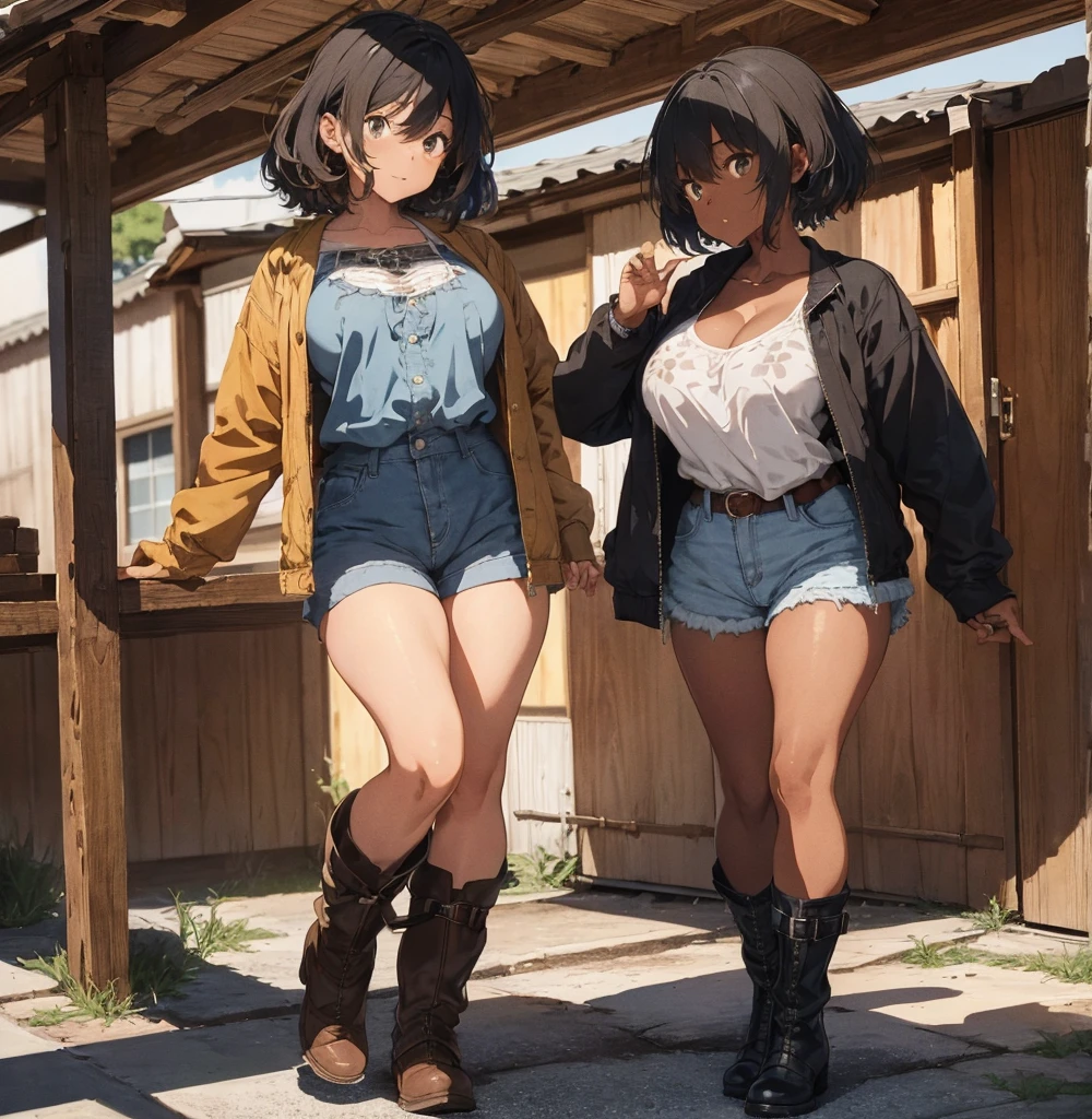 2 female, afro hair, black afro hair black girl afro hair, darker skin, brown skin, huge breast, thick legs, light blue eyes, cowgirl clothes, short short, cowgirl bra, brown jacket, black boots, farm house, 2 girl kissing