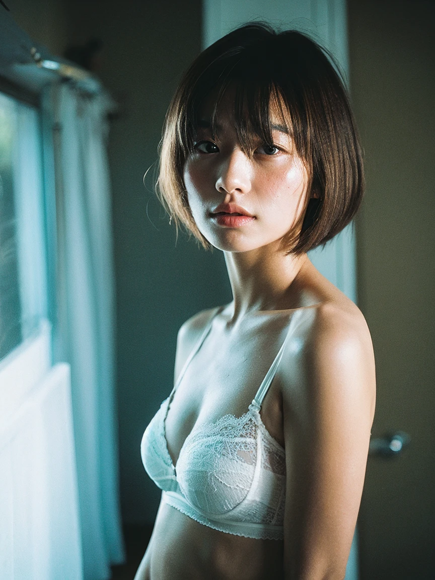 ​masterpiece, Best Quality, Ultra-detailed, film photography, Extremely delicate and beautiful ,hight resolution, 1 girl in, 25-years old, Beautiful girl in Japan, room at night、Pitch black room、You can see the night view of Tokyo outside the window...、((Look away)), japanes, Full body, Thin fabric clothes、Sheer feeling of underwear,Shy face, ((Plump lips),{{have a little freckles、Natural Skin}}, (Wavy Hair),(Short hair), (Back lighting),{one small mole under my eye}, (Detailed eyes),(detailed facial features), (detailed arms),(Detailed fingers),(Detailed feet),eyes focus,softfocus