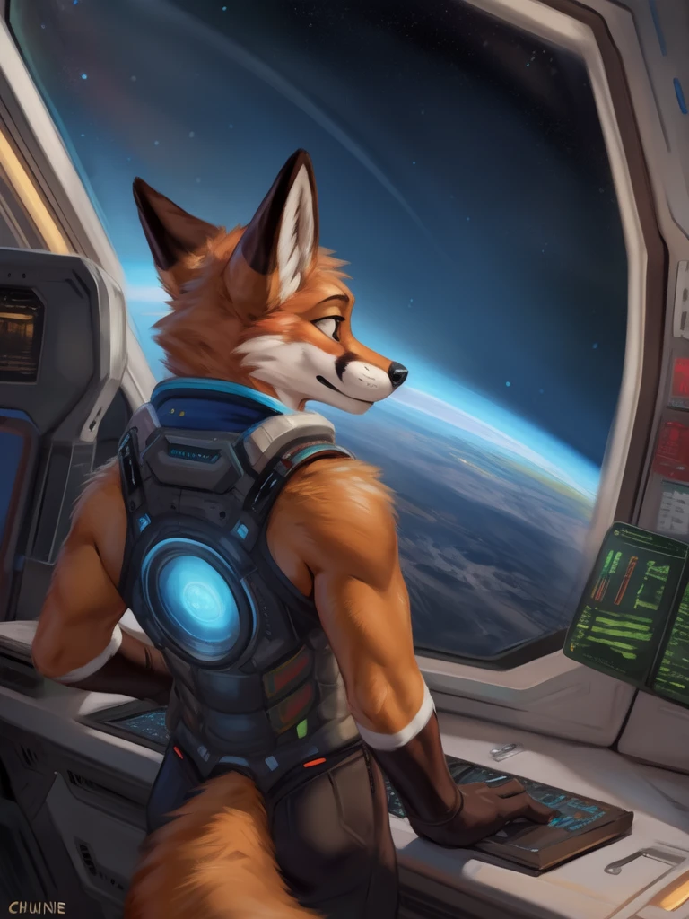 Realistic, scientifically accurate, black hold, doppler shift, event horizon, accretion disk, detailed, anthro, fox, looking out of window, scifi, by zackary911, by chunie, in space, outer space, back view