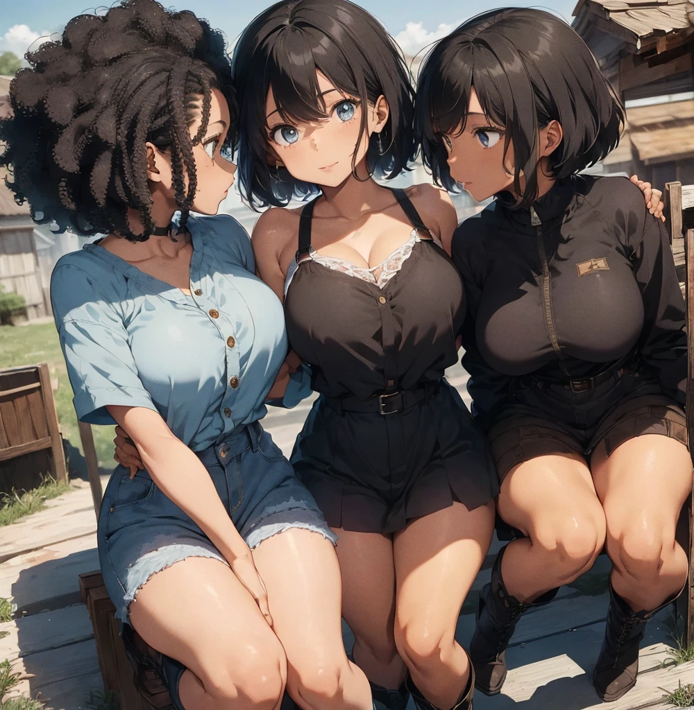 2 female, afro hair, black afro hair black girl afro hair, darker skin, brown skin, huge breast, thick legs, light blue eyes, cowgirl clothes, short short, cowgirl bra, brown jacket, black boots, farm house, 2 girl kissing, kiss, close up