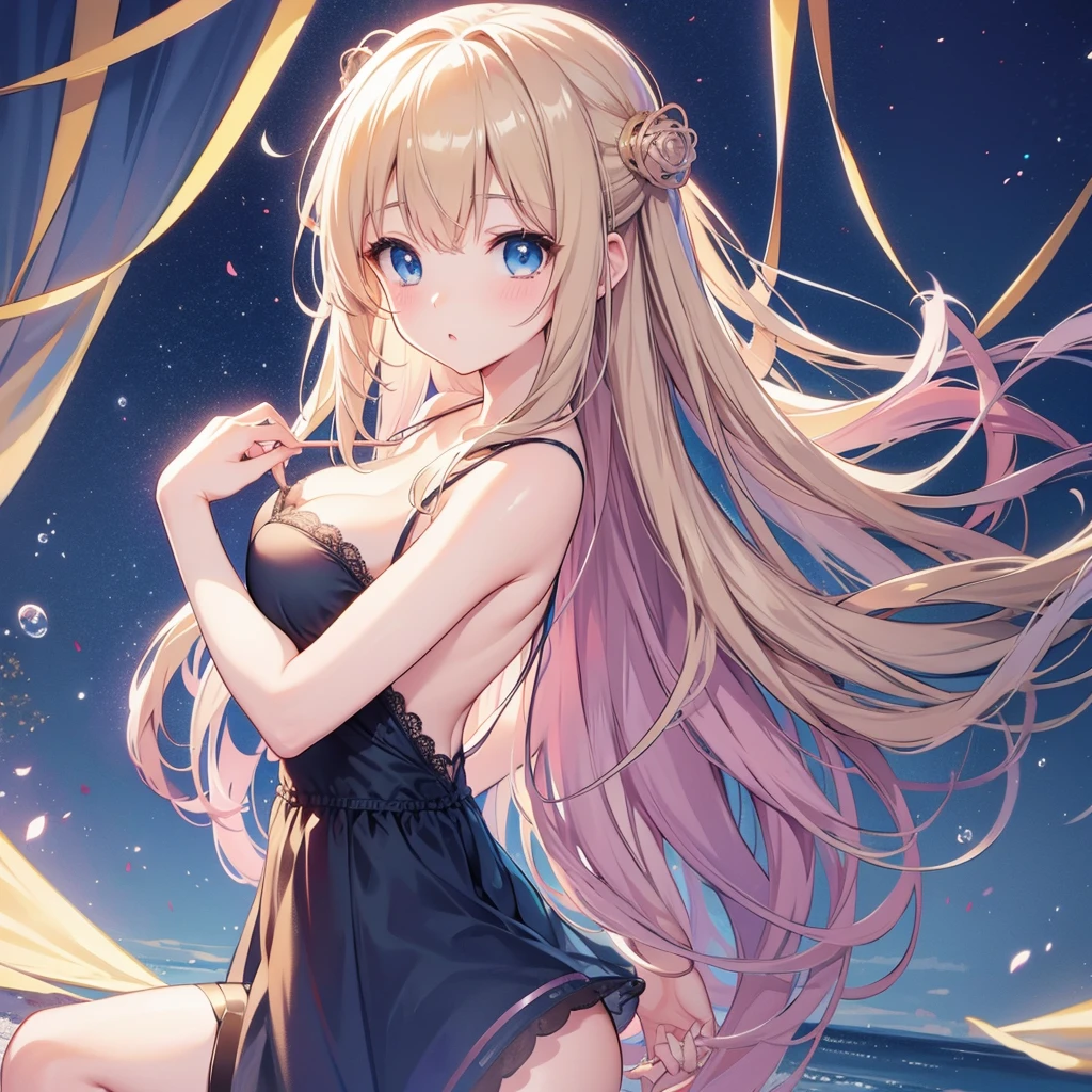 Anime Girls, Anime Style 4 k, Digital anime illustration, digital anime art, Anime Style. 8k, Anime Moe Art Style, anime art wallpaper 4k, anime art wallpaper 4k, Anime Style illustration, Smooth anime CG art, detailed digital anime art, Anime Art Wallpapers 8K, Realistic Anime 3D Style、One girl, lingerie、Sheer white underwear、blondes、Blushing, blue eyes, Nipple erection、Sensual facial expression、Large Breasts,((See-through underwear))、濡れている