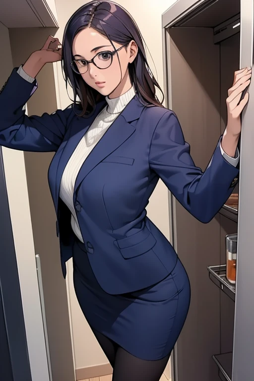 Super-detailed, 8k HD, Retsu Unohana, 1 girl, solo, mature, beautiful and detailed face, detailed hand, long black hair, slender hips, thick thighs, huge and droopy breast, huge round ass, black office suit and mini skirt, long cravat , fishnet thigh high stocking, expressionless, holding office documents, standing in the hallway waiting
