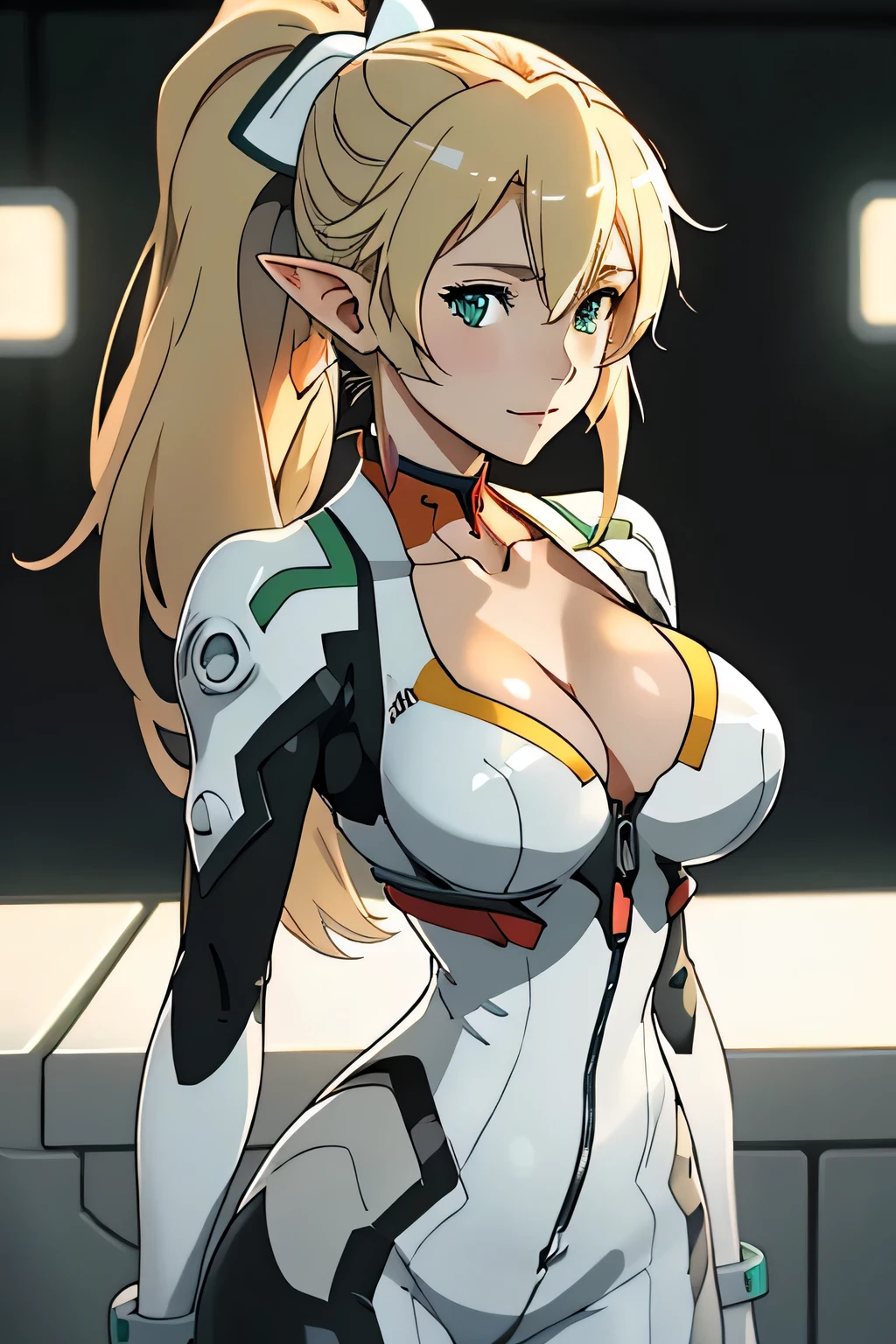 close up 1girl in, photo of leafa, Kirigaya Suguha, Solo, (straight blonde hair, ponytail, very long blonde hair, vivid green eyes), (perfect clear skin, pale skin, detailed skin, massive breasts, round breasts, Cleavage, perfect body), (thin hips, thin waist: 1.25), neutral face, cute smile, elf ears, (she is wearing a tight jumpsuit, Neon Genesis Evangelion plug suit, Rei Ayanami cosplay, white with Blue accents, unzipping suit, undressing), mecha background, huge metropolis, (realistic photo, best quality, detailed), (8k wallpaper), (cinematic lighting, beautiful light, (day:1.3)) (sharp focus, intricate), (dslr, realistic, looking at viewer, sharp focus, delicate, soft colors, cinematic)