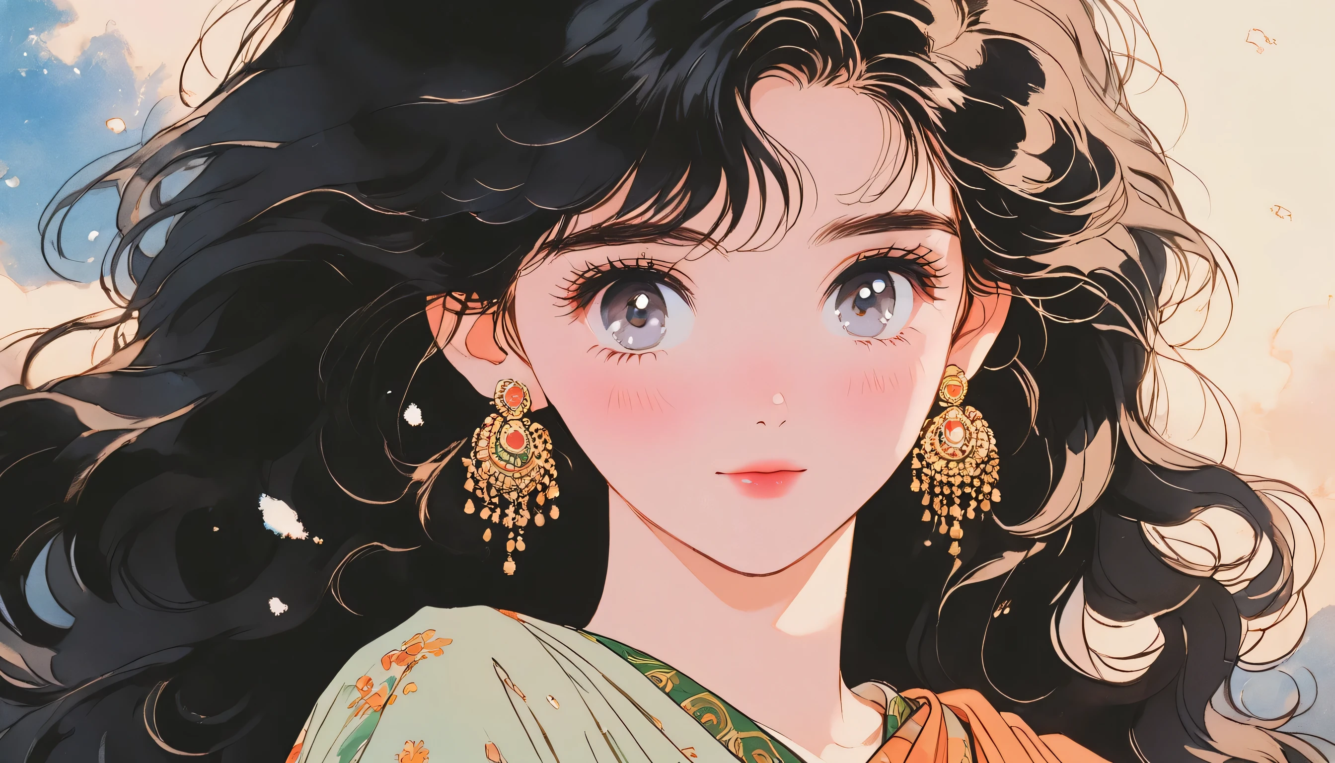 90's anime style, 1990s style, clear, 1980s style, (blush:1.7), the highest quality, 8k, 1 woman, Only, lofi girl, lofi art, lofi feeling, looking at the viewer, very big eyes, wearing 1980s clothes, upper shot, close up, smiling, light brown eyes, skin white as snow, sparkling eyes, black hair, wavy hair, anime girl wearing saree