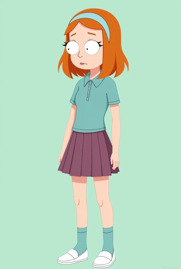 Jessica is a girl with shoulder-length ginger/orange hair, a pale complexion, and a pear-shaped body. She has long eyelashes and prominent light-peach lips. She is about a head taller than Morty. Day to day, she wears a pale cyan hairband, a form-fitting, periwinkle polo slightly unbuttoned, a box-pleated mauve miniskirt, pale cyan mid-calf socks, and plain white loafers. Also make her naked