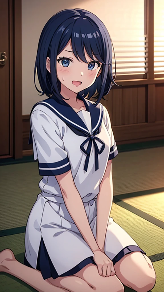 ((masterpiece, Best Quality, Very detailed, Very nice 8K CG wallpaper)), , A little thick, Medium Hair, Navy Blue Hair, Short Hair, Dark blue eyes,judo player、Sailor style uniform、Large bust、Sailor suit、mini skirt、judo、Cute expression、Inside the judo Gymnasium、、On the tatami、discovery、One Girl、whole body、rest、Hoshino Ichika、Bust size: D cup、幼い頃judo家によって育てられた、Sweating