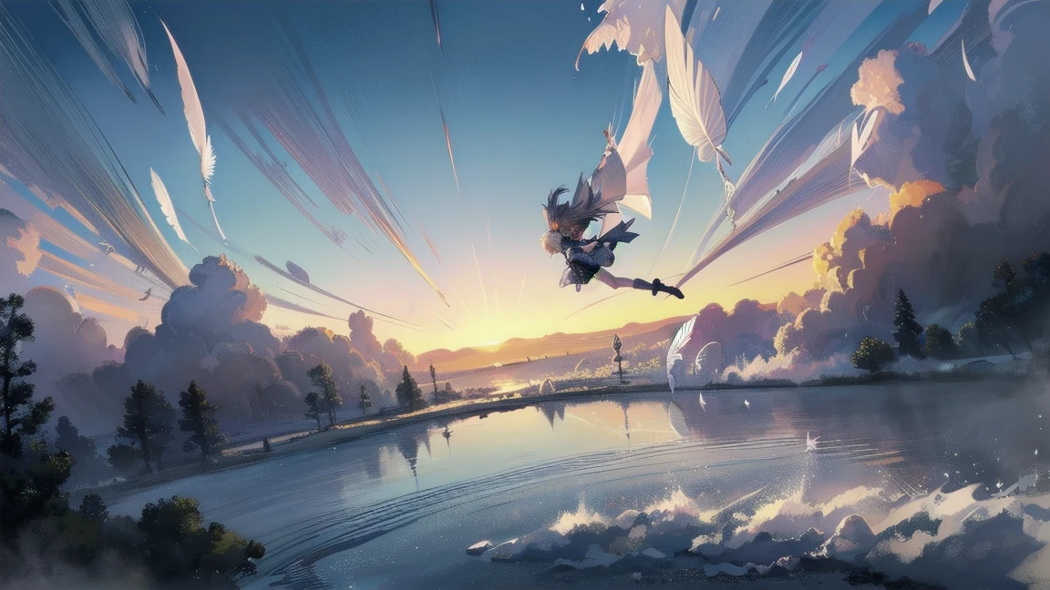 (Highest image quality, Masterpiece: 1.2),
Vivid colors, strong contrast,
(Magnificent Panoramic View: 1.3), Clouds in the blue sky,
Magical girl flying in the sky, cute clothes with many decorations, cape on only one side of her clothes, 
(dynamic angles, dynamic poses: 1.2), fantasy,
Floating water droplets, bubbles, feathers, 