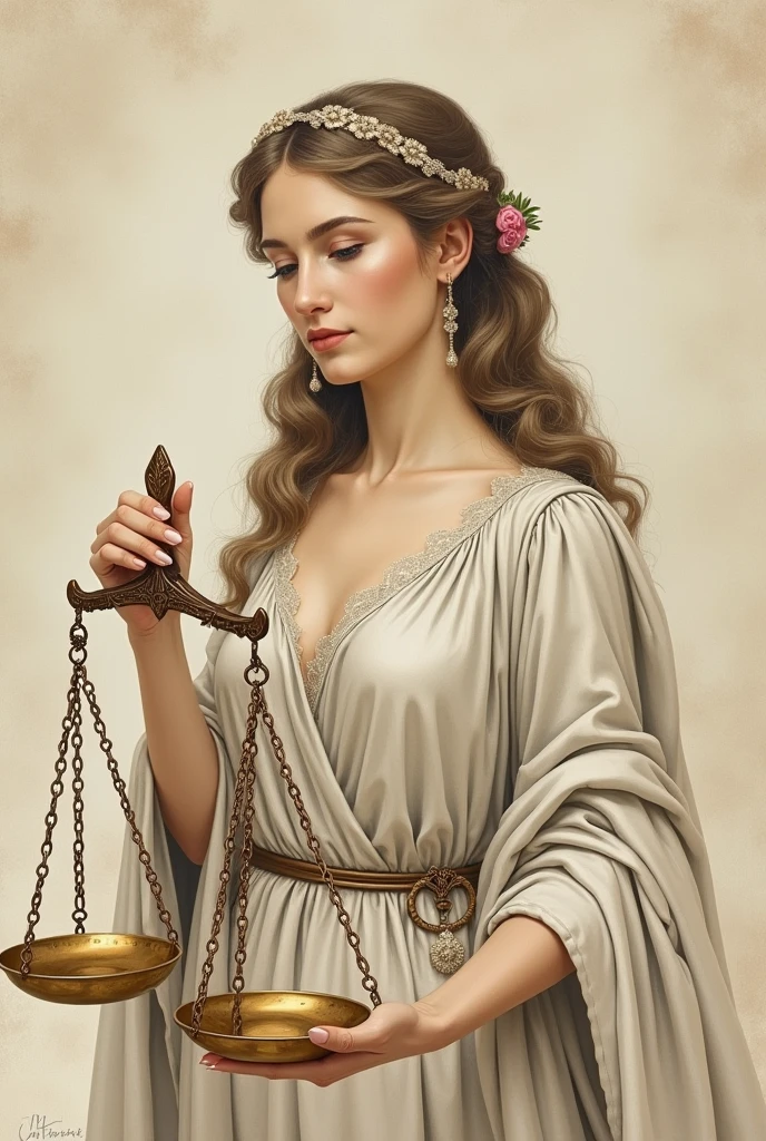 A law-themed painting with a Renaissance style including blind justice carrying a scale com uma paisagem ao fundo

