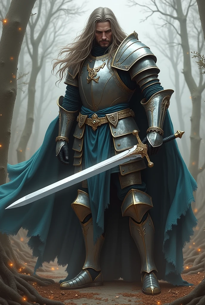 knight in armor, leans on a sword with both hands, palette: turquoise monochrome, pseudo-baroque, pencil sketch, then we do shading and blurring with diluted acrylic, guy, long hair, gauze fabric, in the forest, fog, complex angle, dynamic, dark fantasy, in kojima ayami style, fireflies, high detail, fireflies