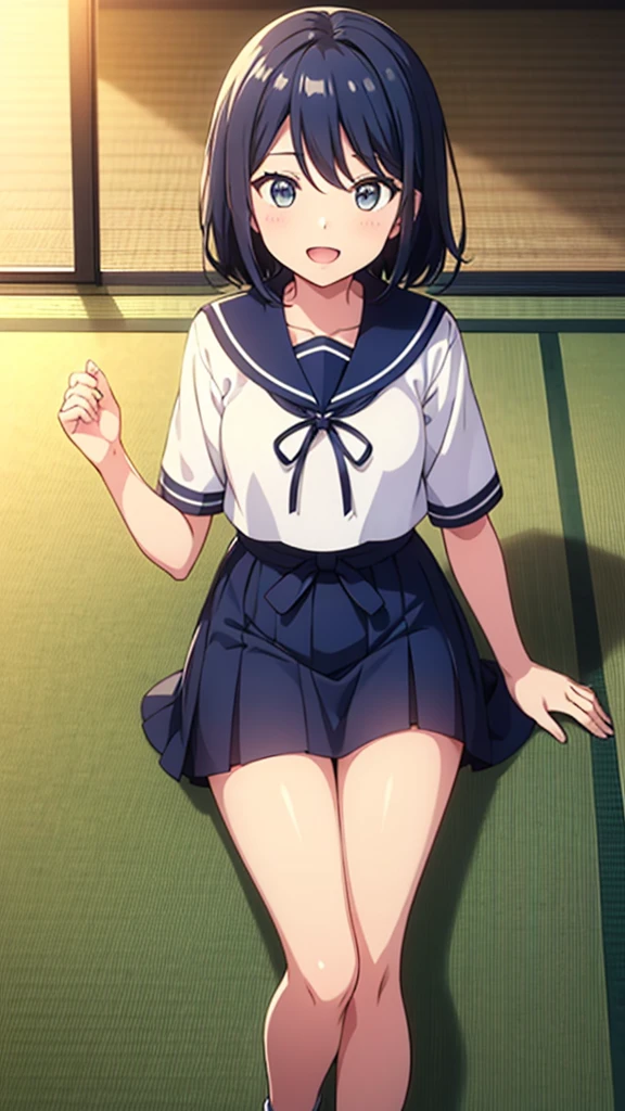 ((masterpiece, Best Quality, Very detailed, Very nice 8K CG wallpaper)), , A little thick, Medium Hair, Navy Blue Hair, Short Hair, Dark blue eyes,judo player、Sailor style uniform、Large bust、Sailor suit、mini skirt、judo、Cute expression、Inside the judo Gymnasium、、On the tatami、discovery、One Girl、whole body、rest、Hoshino Ichika、Bust size: D cup、幼い頃judo家によって育てられた