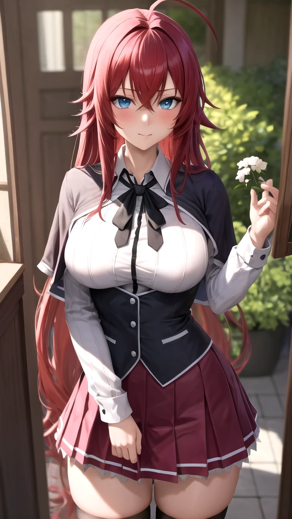 ((masterpiece, best quality)), insaneres, absurdres, solo, looking at viewer, 
ANIME_DxD_Rias_Gremory_ownwaifu, 
1girl, bangs, long hair, red hair, breasts, large breasts, rias gremory, blue eyes, hair between eyes, very long hair, collarbone, hair intakes,  hair over breasts, 
black capelet, black corset, collared shirt, kuoh academy school uniform, layered skirt, underbust, school uniform, skirt, shirt, long sleeves, purple skirt, ribbon, miniskirt, neck ribbon, thighhighs, black ribbon, 
(portrait, close-up)depth of field, vanishing point, garden, sidelighting,