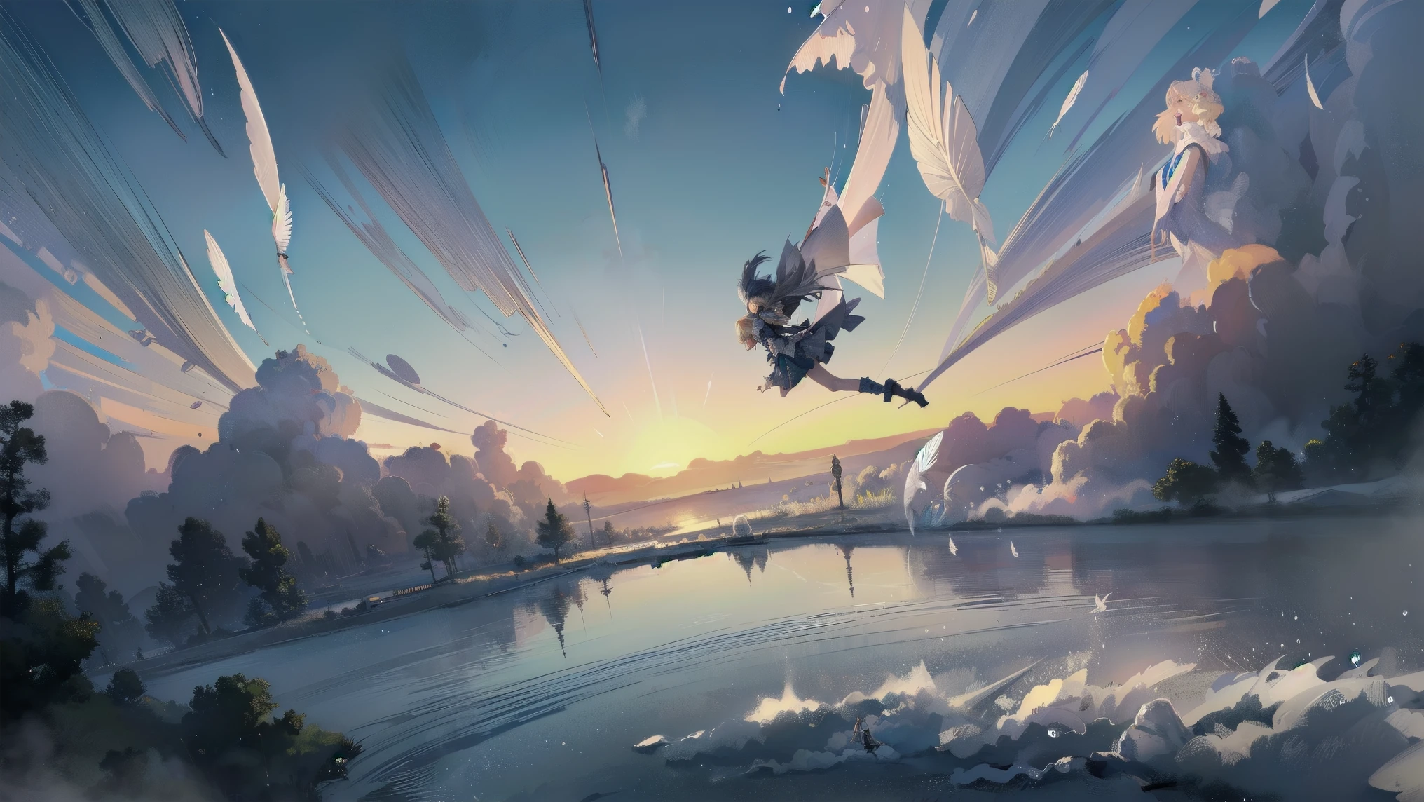 (Highest image quality, Masterpiece: 1.2),
Vivid colors, strong contrast,
(Magnificent Panoramic View: 1.3), Clouds in the blue sky,
Magical girl flying in the sky, cute clothes with many decorations, cape on only one side of her clothes, 
(dynamic angles, dynamic poses: 1.2), fantasy,
Floating water droplets, bubbles, feathers, 